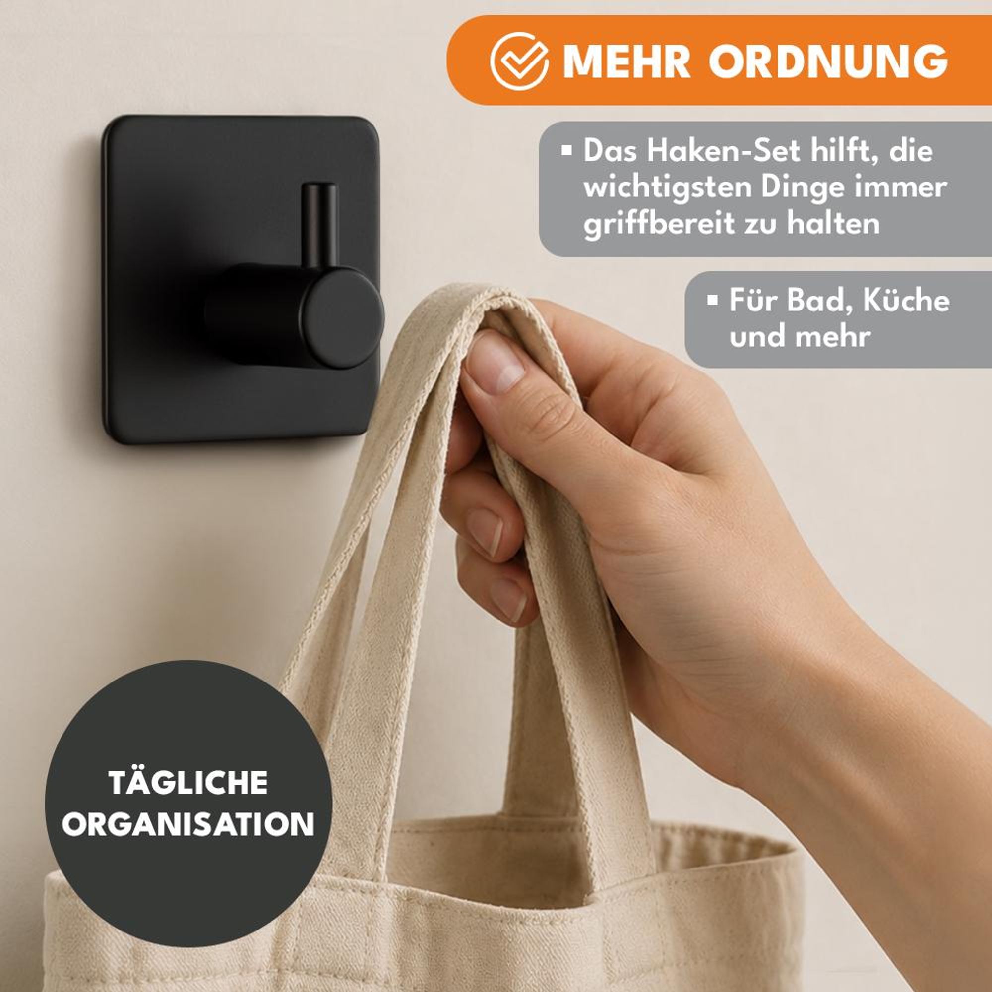 KRUMAD 4x Selbstklebende Haken Schwarz, Wandhaken ohne Bohren, Klebehaken für Bad Küche Flur Handtücher Kleidung
