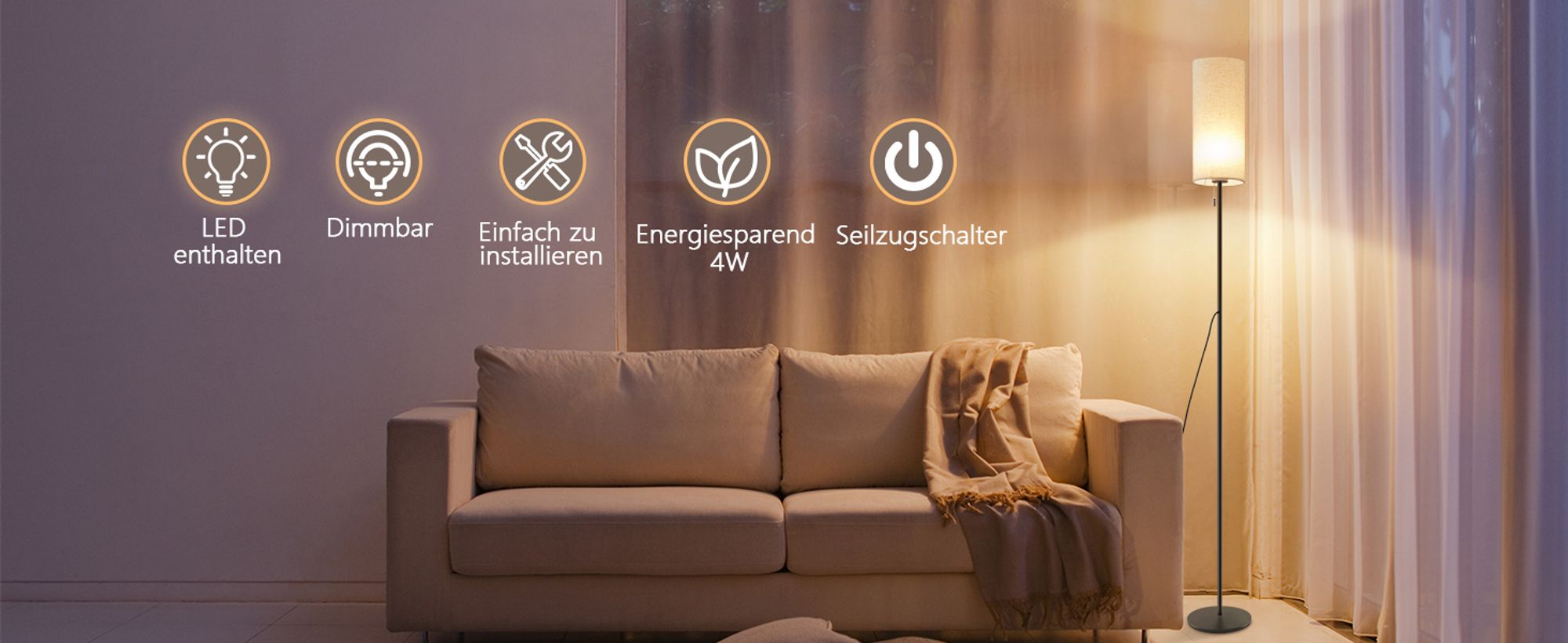 ZMH Stehleuchte Stoff Wohnzimmer Stehlampe LED Standleuchte Dimmbar 3 Farbtemperaturen Vintage Beige Lampenschirm Standlampe mit Seilzugschalter Retro