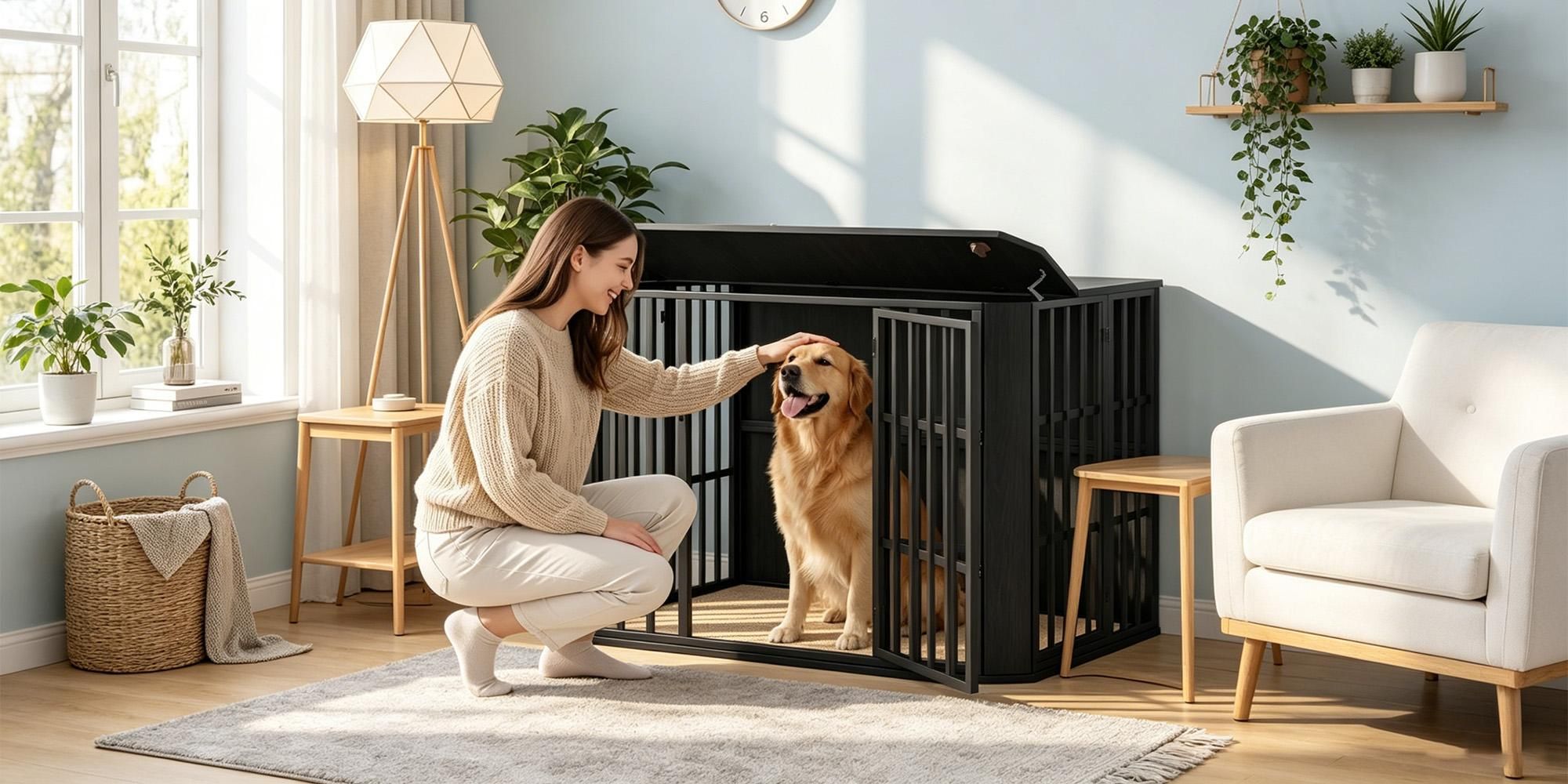 Hundekäfig Möbel, Hundebox Möbel, Mehrtür-Design, Schwarz | Hundebox aus Holz für den Innenbereich mit Futtertür Oben