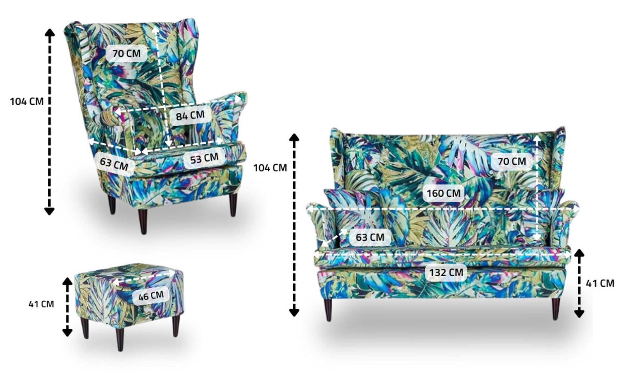 Family Meble Set aus Sofa + 2 Sessel + 2 Hocker Print 2-Sitzer Sofa Couch Freistehendes Lounge Sofa Bequem zum Entspannen Wohnzimmer Büro (ROSE 01)