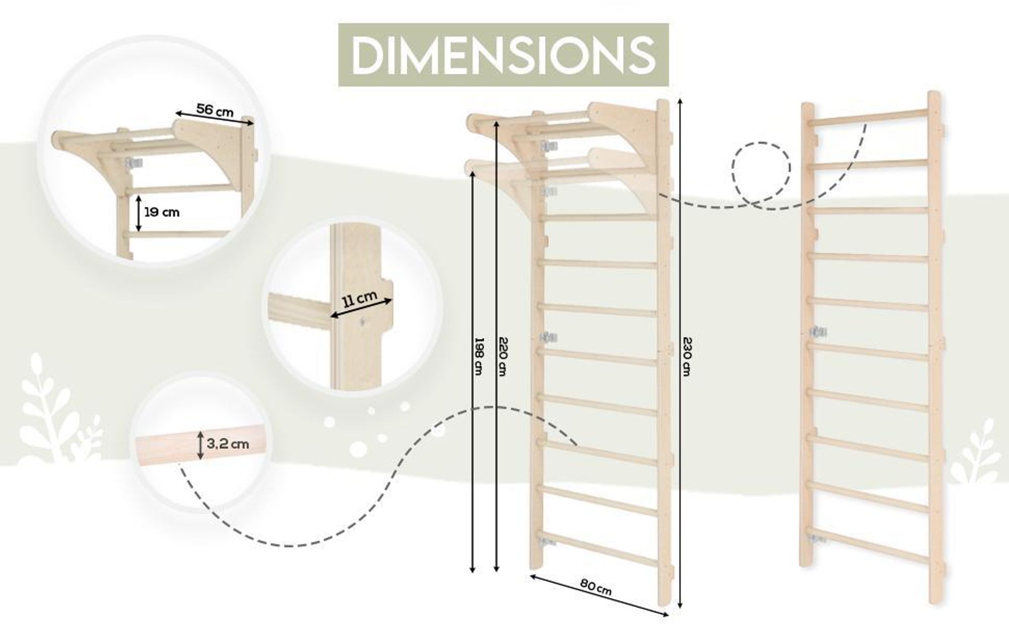 MAMOI Nástěnný gymnastický žebřík s rukojetí pro dospělé - dřevěný tréninkový žebřík (230 cm), Fitness vybavení, Multifunkční žebřík