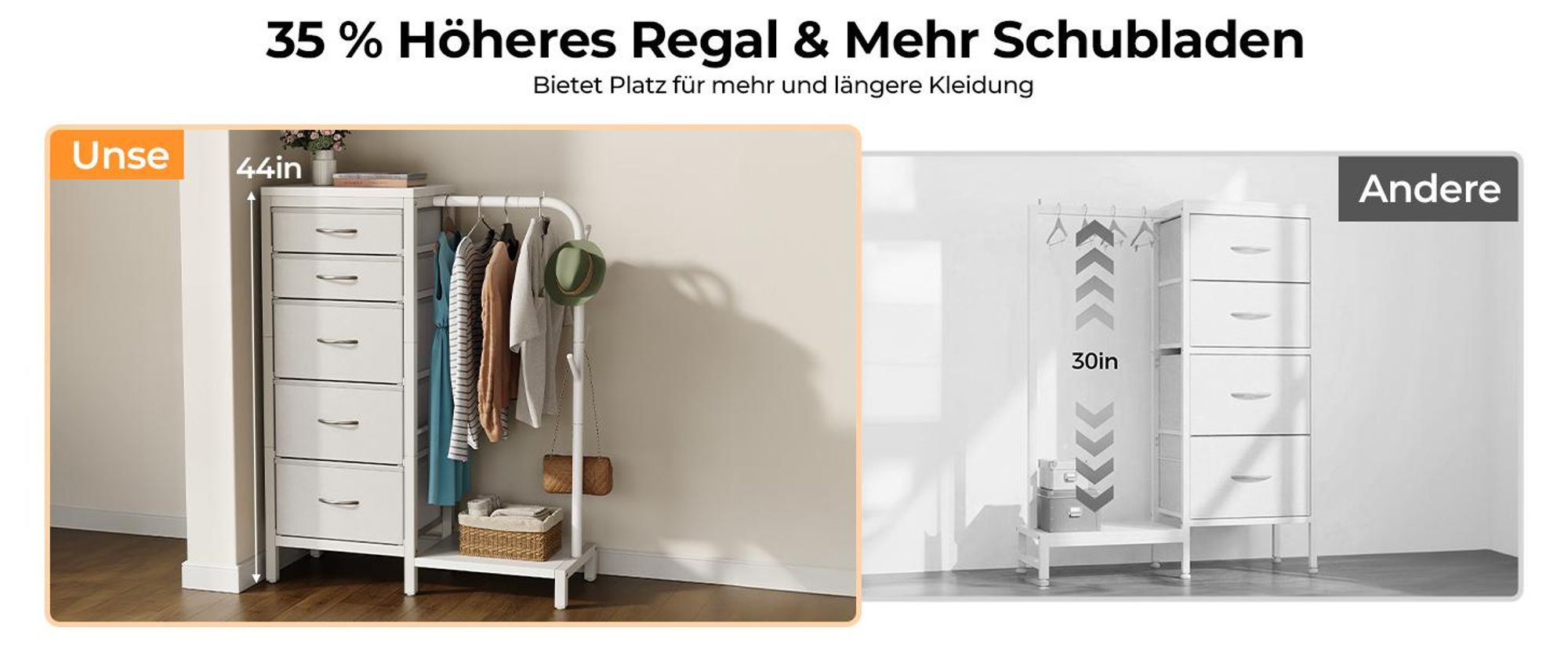 Standgarderobe Garderobenständer Kleiderständer Garderobe mit 5 Stoff Schubladen, Kommodeschrank mit Kleiderstange