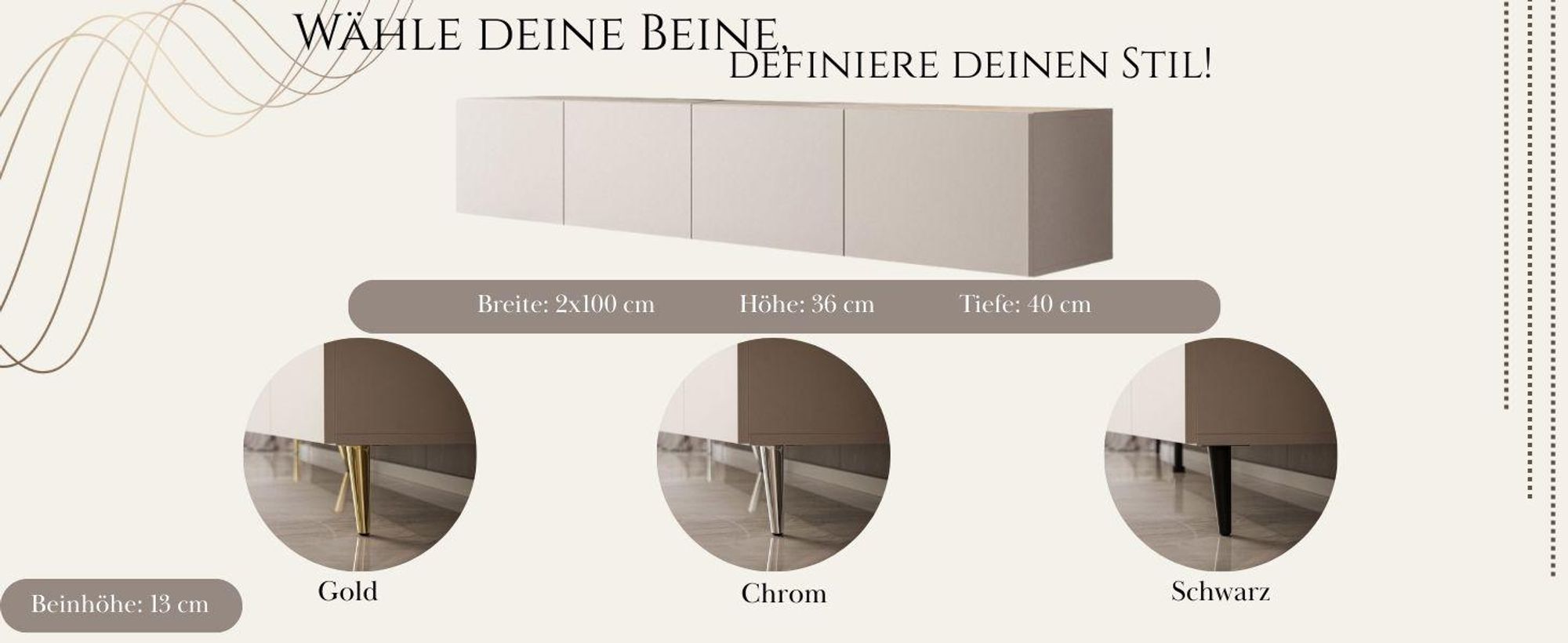 TV-Schrank COLGANTE KASCHMIR 200 cm auf schwarzen Beinen