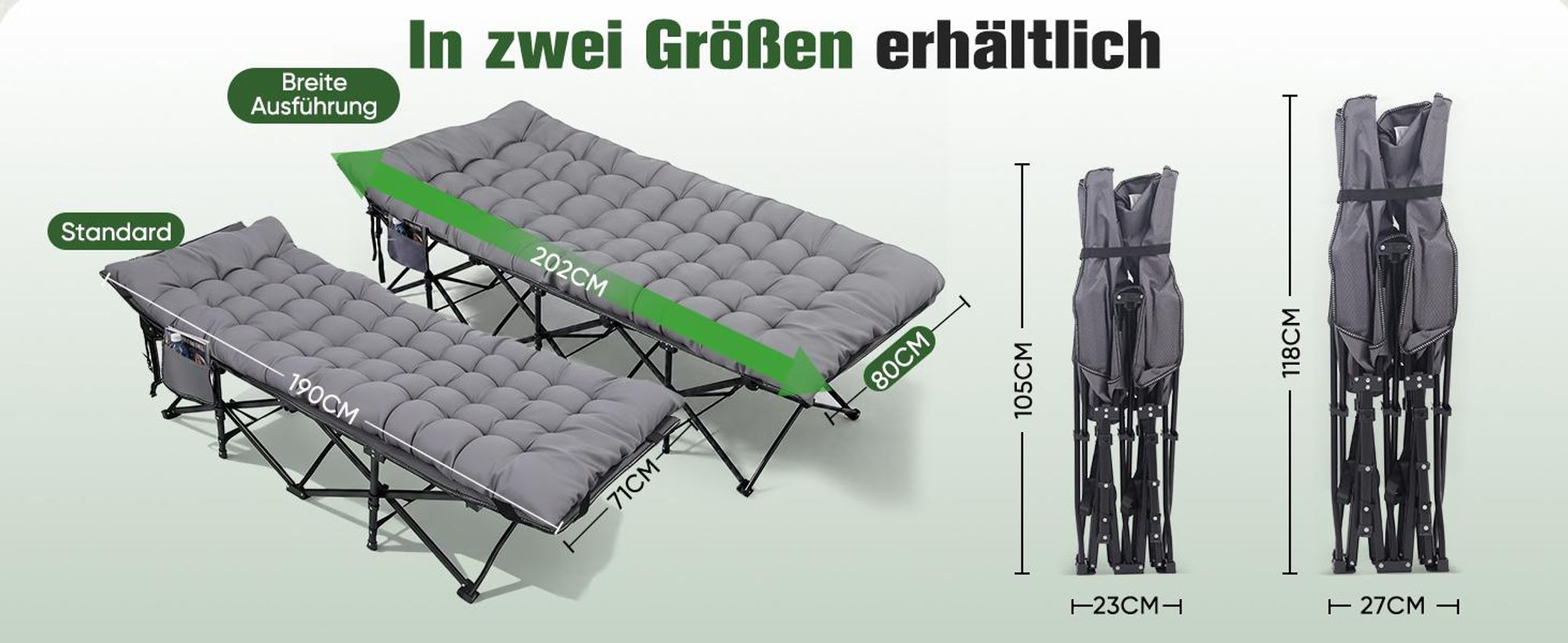 Sekey 202 x 80 x 45 cm XXL Tragbares Feldbett mit Matratze, Feldbett Klappbett Tragfähigkeit 200KG Campingbett, Grau
