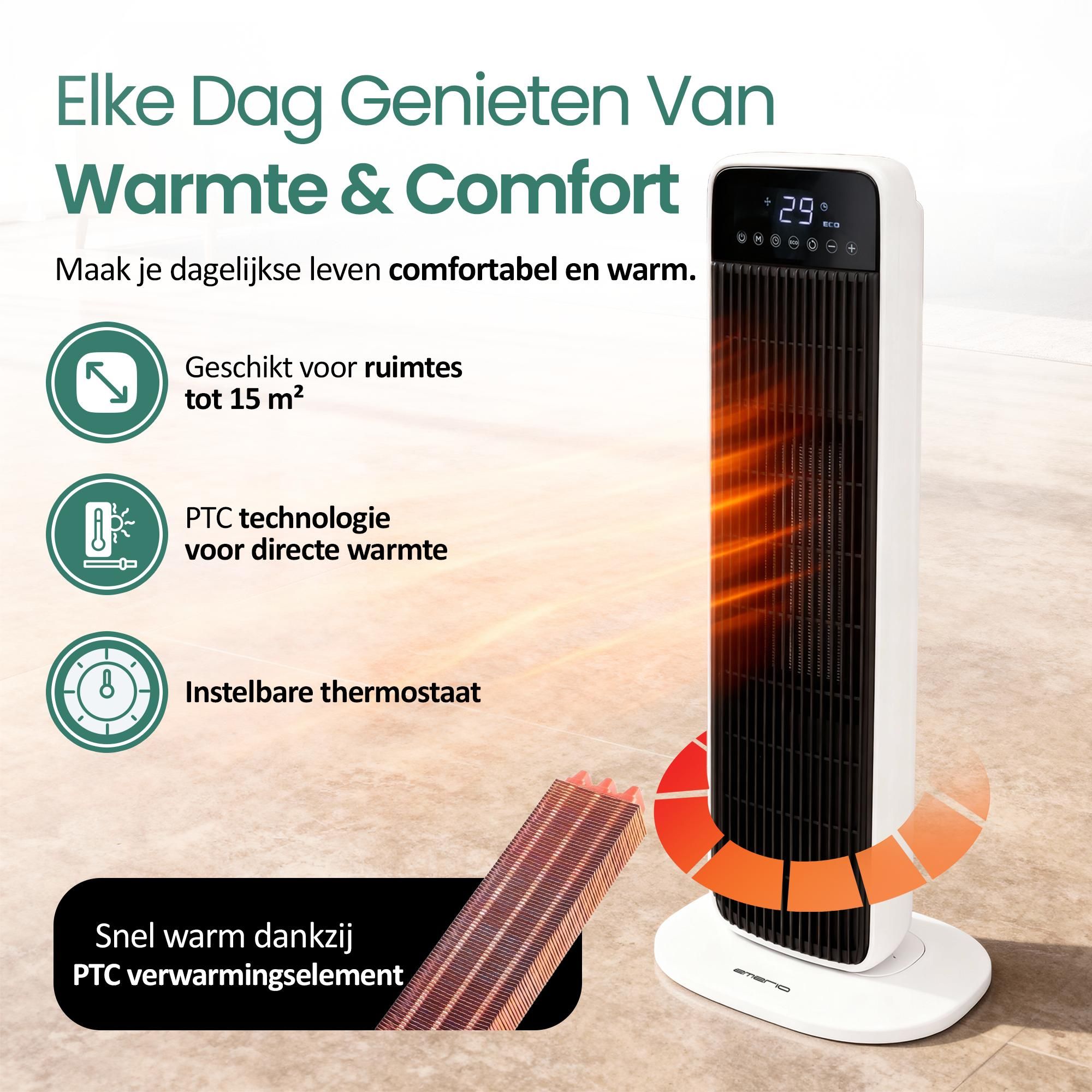 Emerio PTC-Ventilatorkachel – 15 m² – 2 Standen – Instelbare Thermostaat – Oscillatiefunctie – Touchbediening – Timer – Afstandsbediening – FH-132333