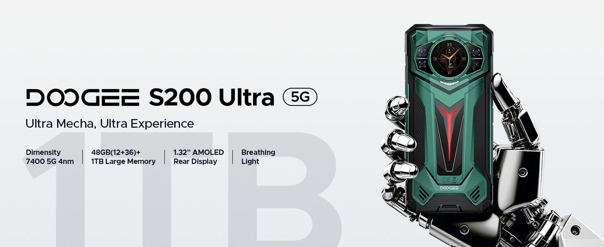DOOGEE S200 Ultra– smartphone, 5G, stupeň krytí IP68/IP69K, 6,72" displej s obnovovací frekvencí 120 Hz, 1,32" AMOLED displej, baterie 11000 mAh,