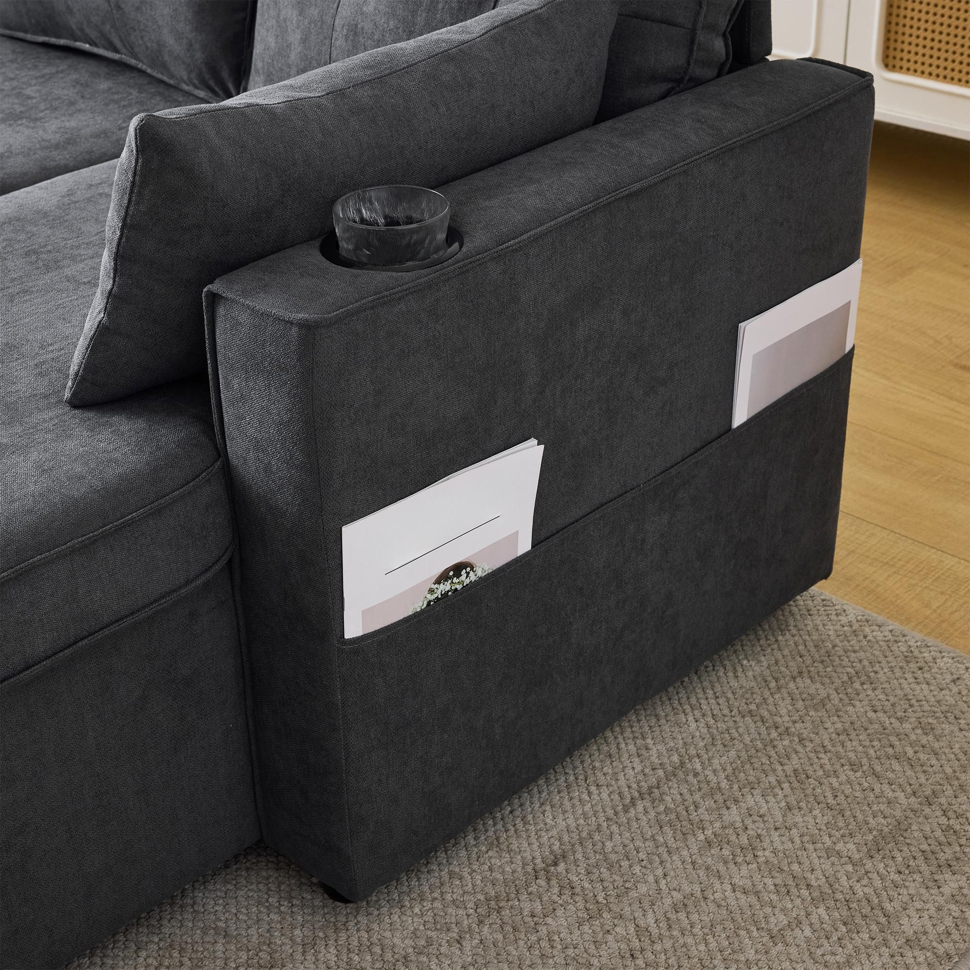 Merax Ecksofa, L-Form Sofa mit Schlaffunktion und Bettkasten, Couch mit Getränkehalter, 3-Sitzer Wohnzimmersofa, Couchgarnitur, Bettsofa, Grau
