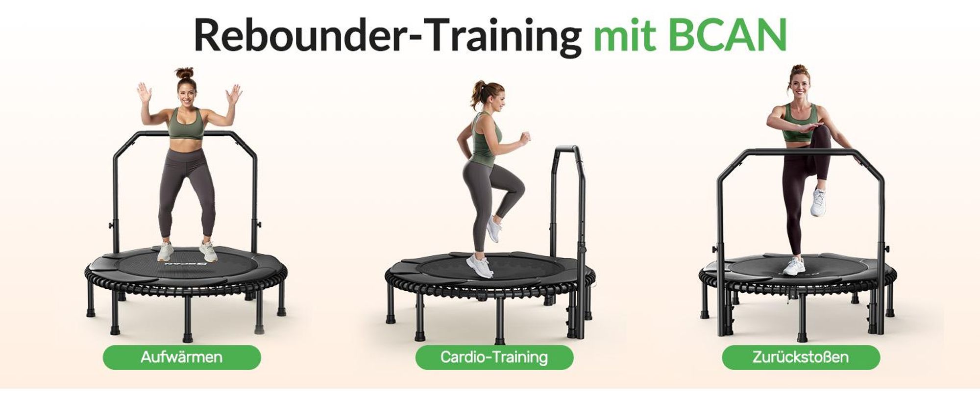 BCAN 48“ Rebounder-Trampolin für Erwachsene, 226 kg Tragkraft, Bungee-Seilen, Verstellbarer Griff, stabil, leise, Innen/außen, Ganzkörpertraining