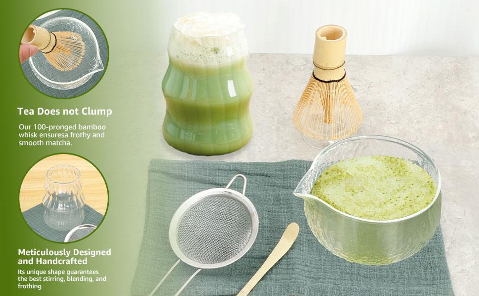 Matcha Teezeremonie Set, Matcha Komplett-Set, Japanisches Matcha-Set, Matcha-Set, Matcha Schneebesen, Glas Schale, Teelöffel, Tasse, Sieb, Teetuch