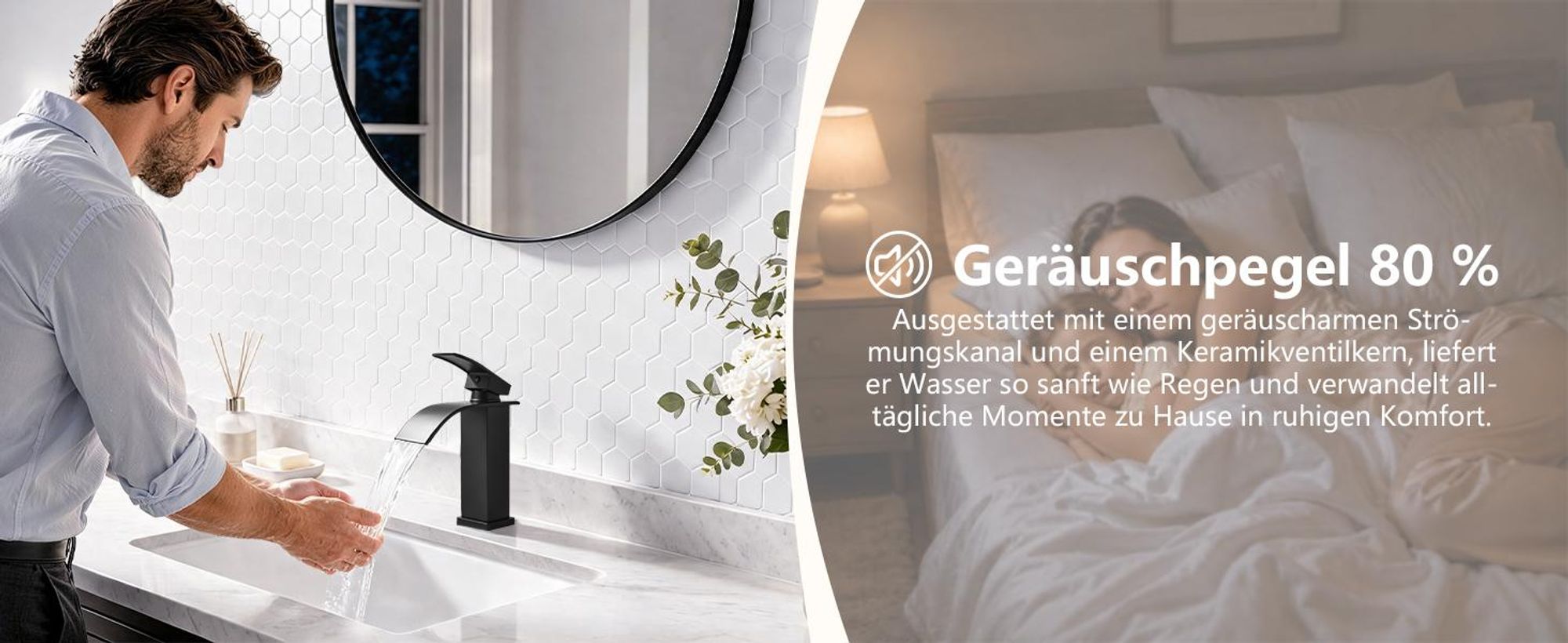 Waschtischarmatur Wasserfall mit Siphon Pop Up Ablaufgarnitur, Wasserhahn Bad mit Überlauf Universal, Waschbecken Armaturen, Mischbatterie Badezimmer