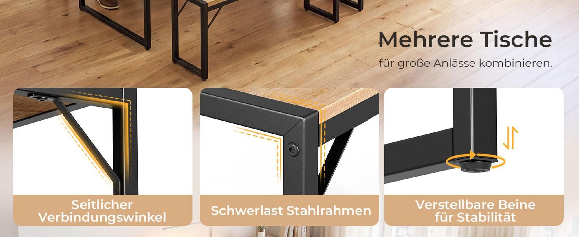 HOKEEPER Esstisch Set mit 2 Bänken, Platzsparende Sitzgruppe für Küche, Esszimmer & Restaurant, Industrial Tischgruppe mit Stahlrahmen,Hellbraun