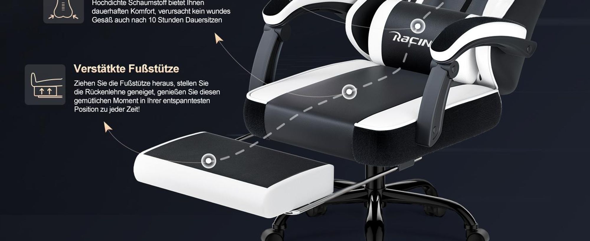 Portreen Gaming Stuhl,Bürostuhl Ergonomischer Gaming Sessel mit Lendenwirbelstütze Fußstütze, gepolstert,Kopfkissen Gaming Stuhl, 150kg Gaming Chair