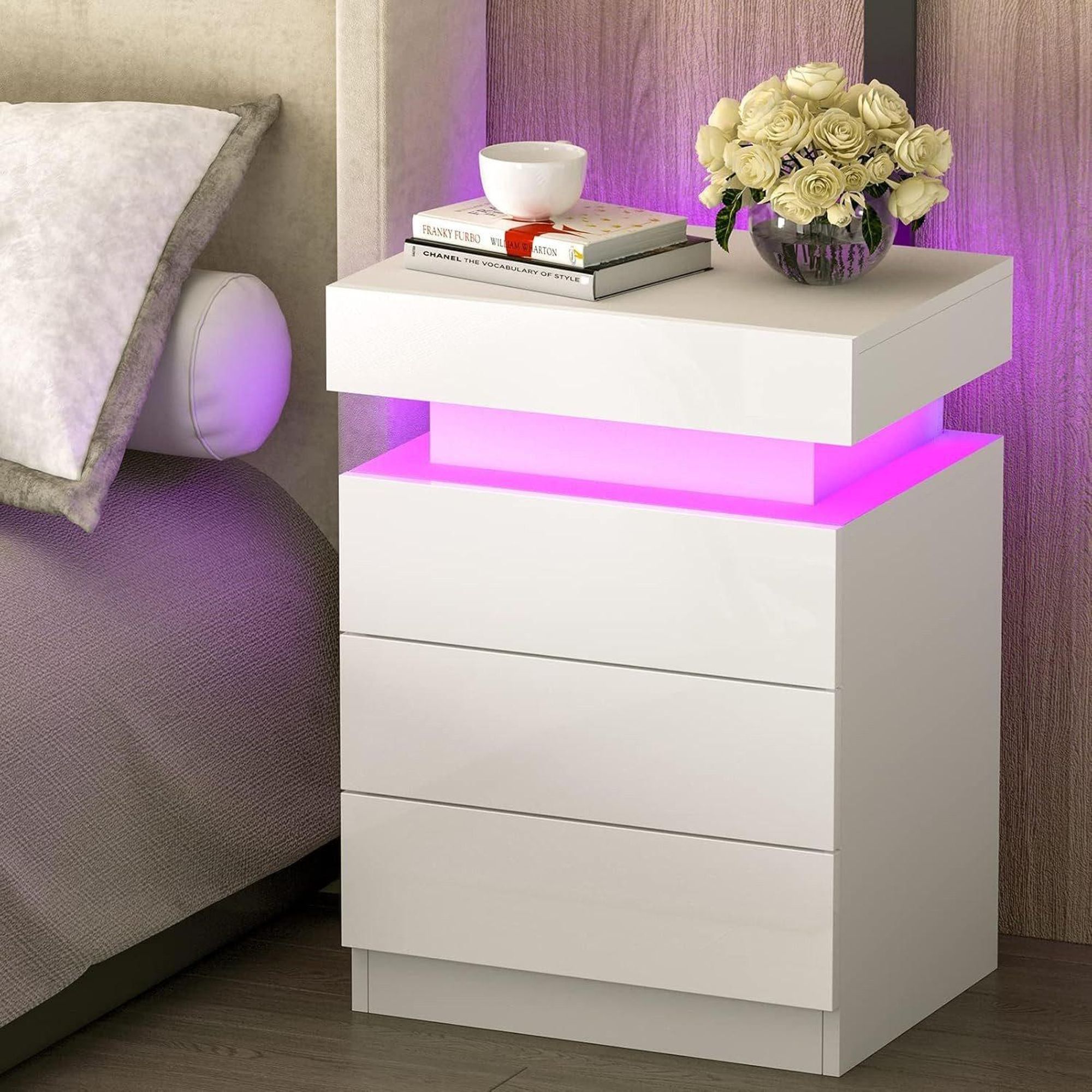 OYAJIA Nachttisch Hochglanz Nachtschrank mit 3 Schubladen,LED-Beleuchtung 16 Farben Nachttisch mit LED Streifen, Beistelltisch, Nachttisch Sofatisch