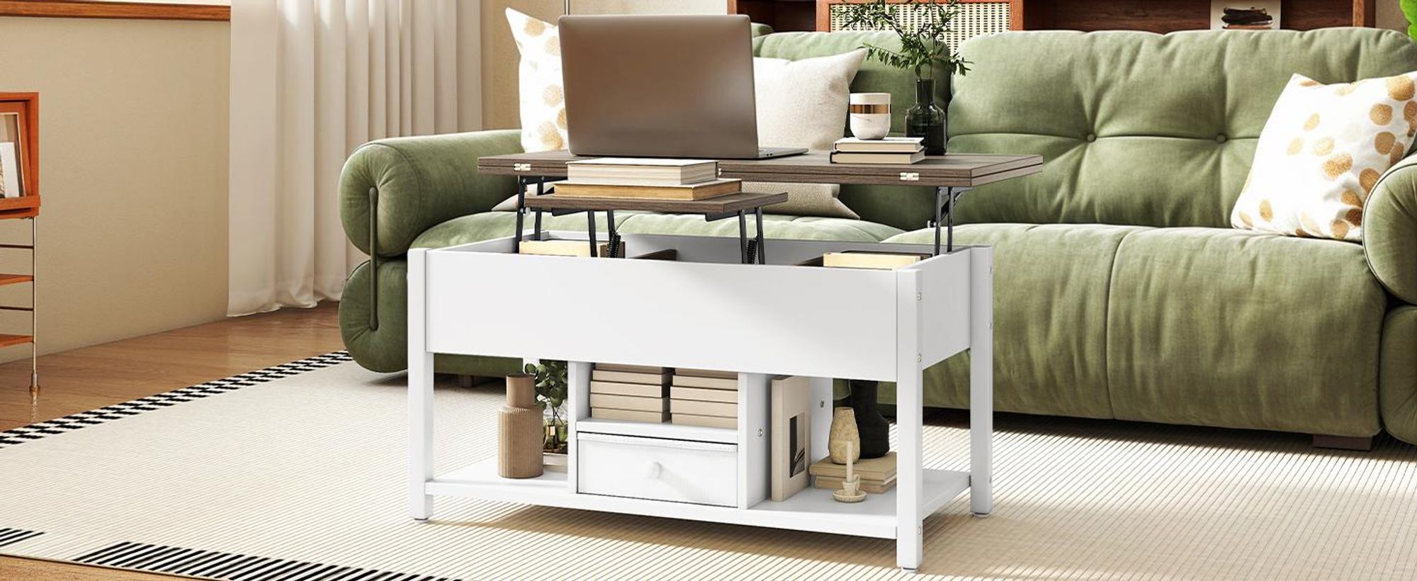 YITAHOME Couchtisch ausziehbar, 4-in-1 Wohnzimmertisch Höhenverstellbar, mit 1 Schubladen, Stauraum, 90x47x61 cm, Weiß+Braun