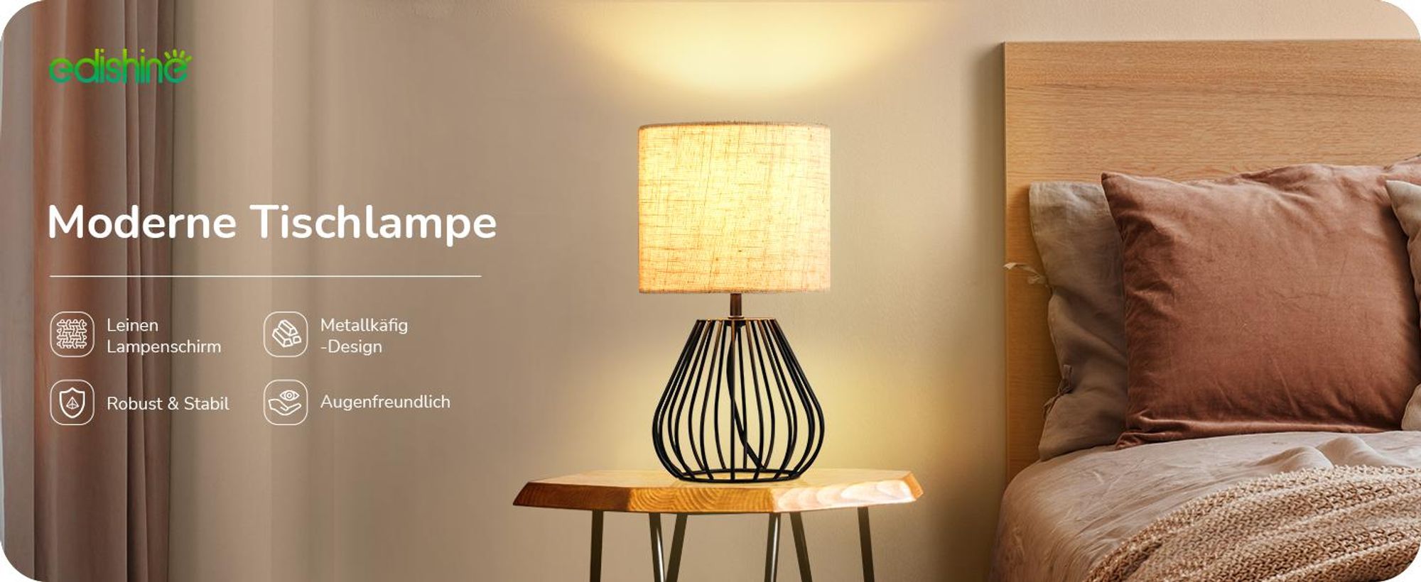 EDISHINE Nachttischlampe, Vintage Tischlampe aus Metall und Stoff, Schwarz, 29cm