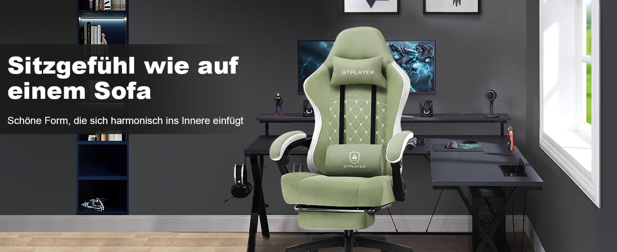 PLAYER Gaming Stuhl Ergonomischer Gaming Sessel Schreibtischstuhl PC Gamer Racing Stuhl mit Stoffoberfläche, Federsitzkissen, Verbindungsarmlehnen