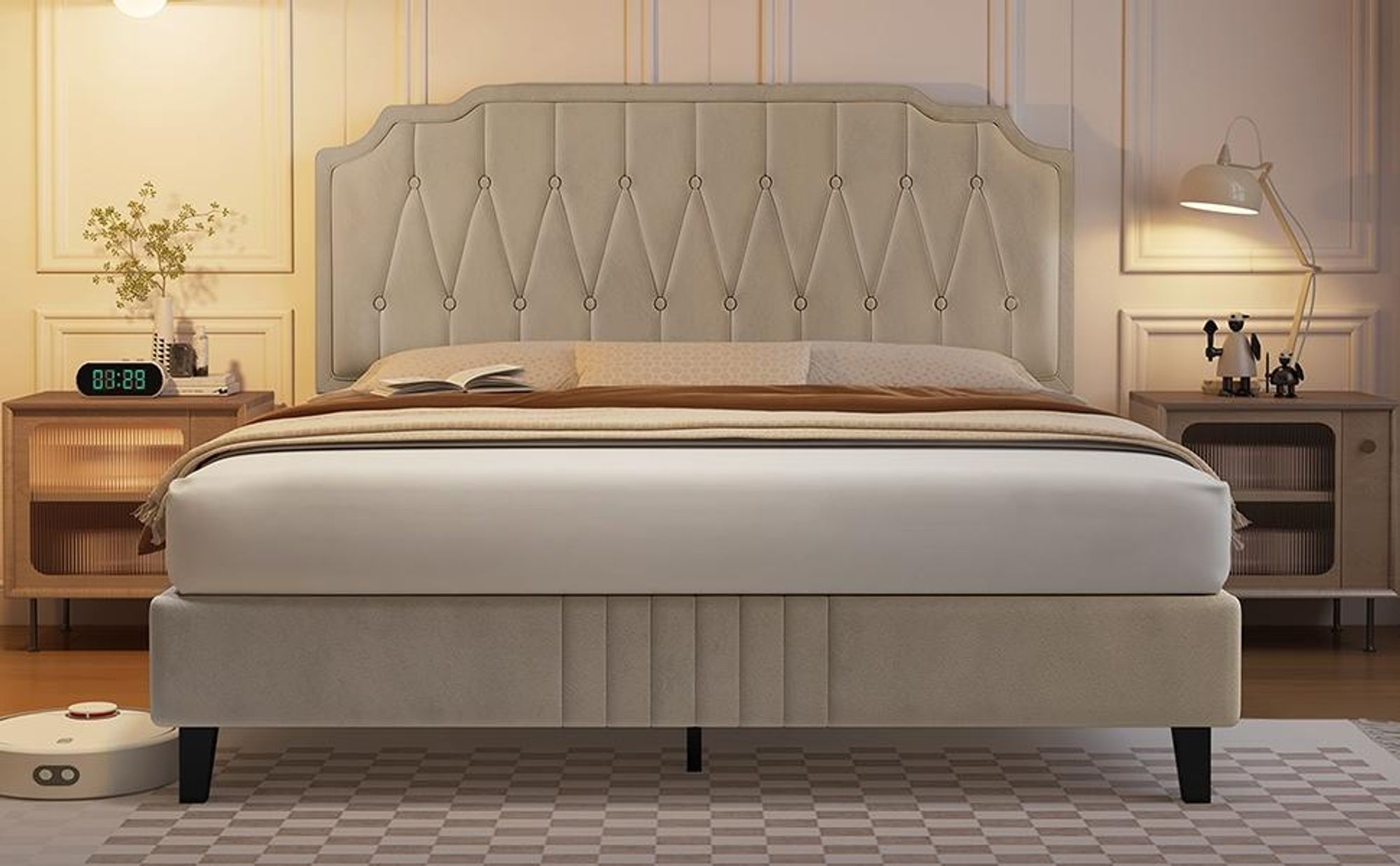 Yaheetech Polsterbett mit höhenverstellbarem Kopfteil Doppelbett 160×200cm Stoffbett Jugendbett Gepolstertes Bett Bettrahmen mit Lattenrost Beige
