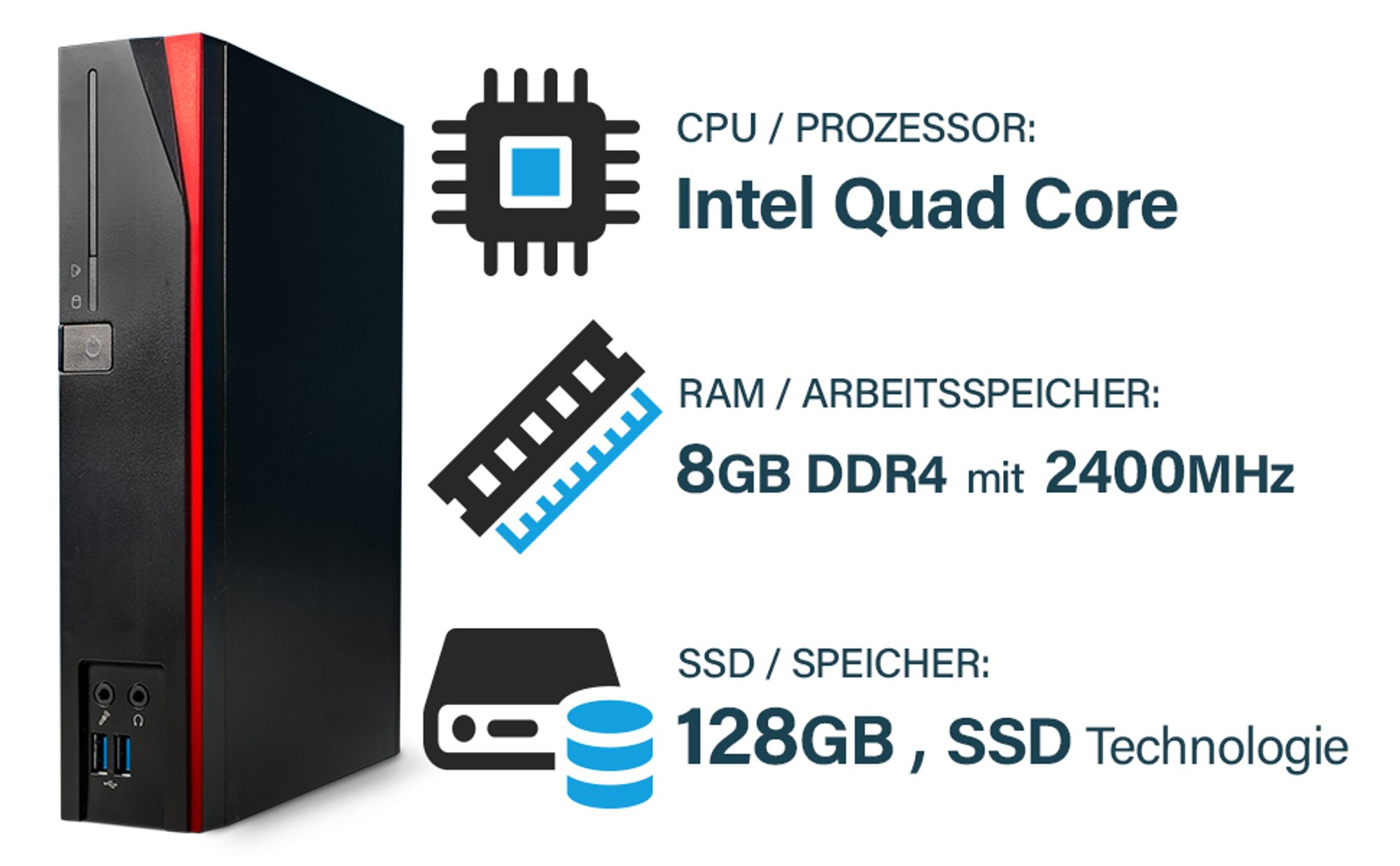 Fujitsu - Mini Pc mit Intel CPU - Leiser Desktop / Computer bis zu 2,8 GHZ - 8GB DDR4 RAM - 128GB SSD - inkl Windows 11 Pro - Greed Mousepad