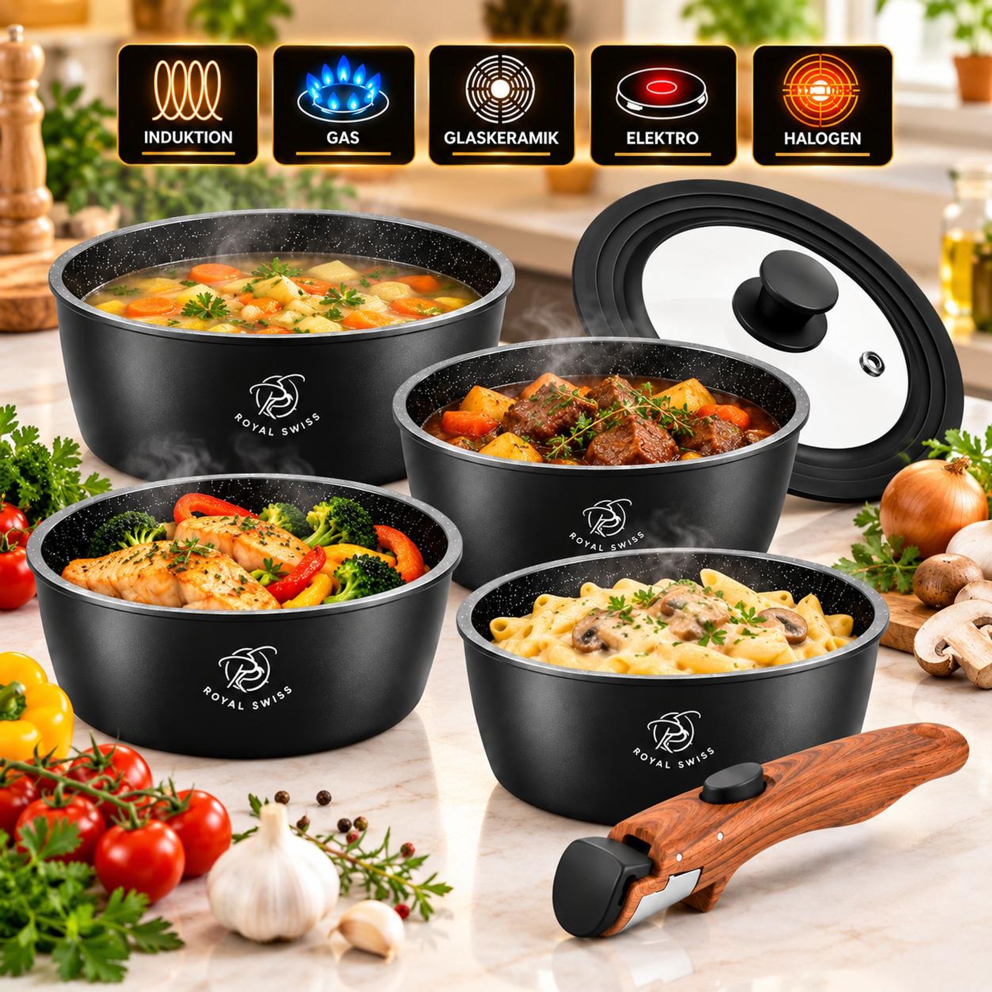 Topfset 6-teilig mit abnehmbaren Griffen Edelstahl Induktion Royal Swiss