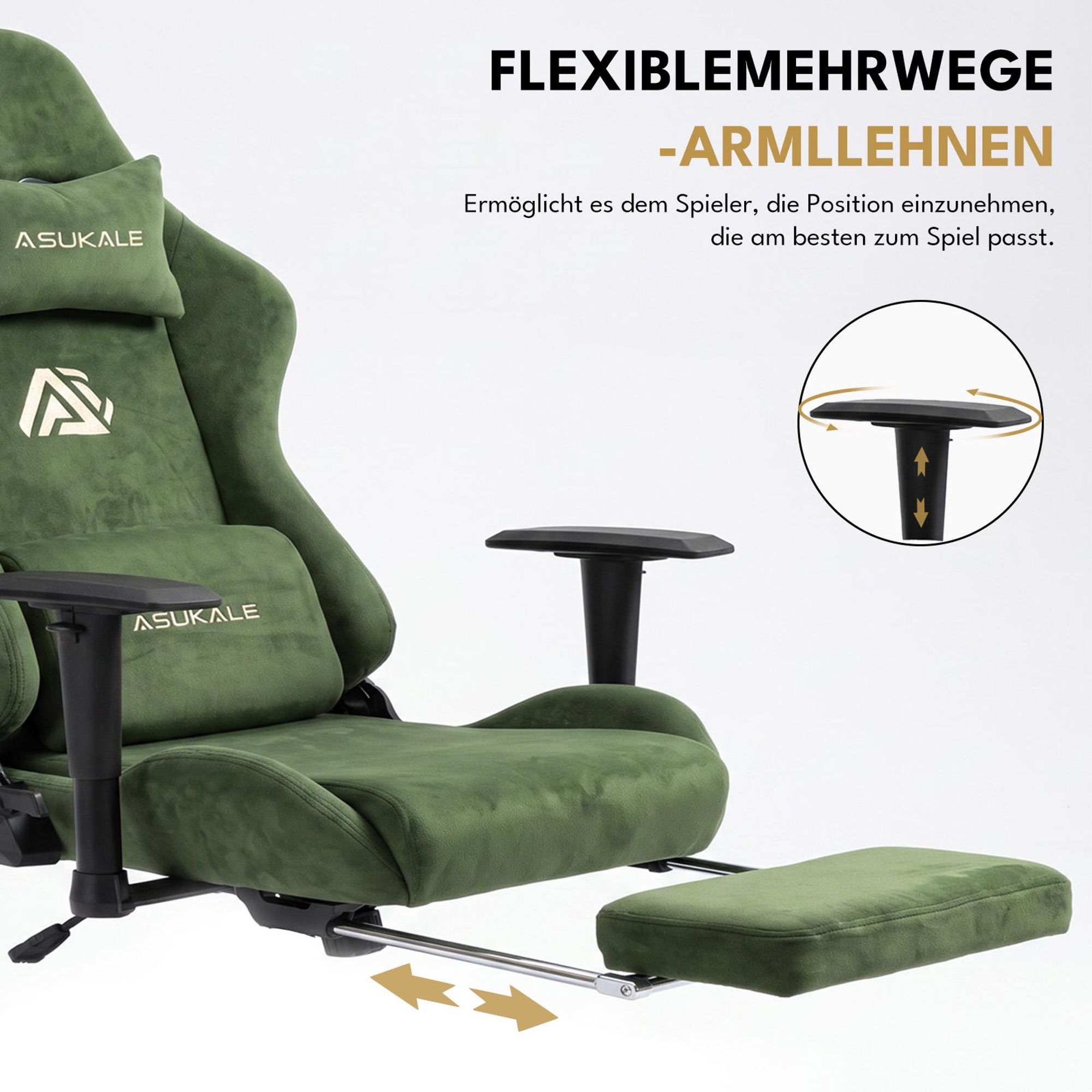 Grüner Gaming-Stuhl mit verstellbaren Armlehnen und Stabilitätsangaben