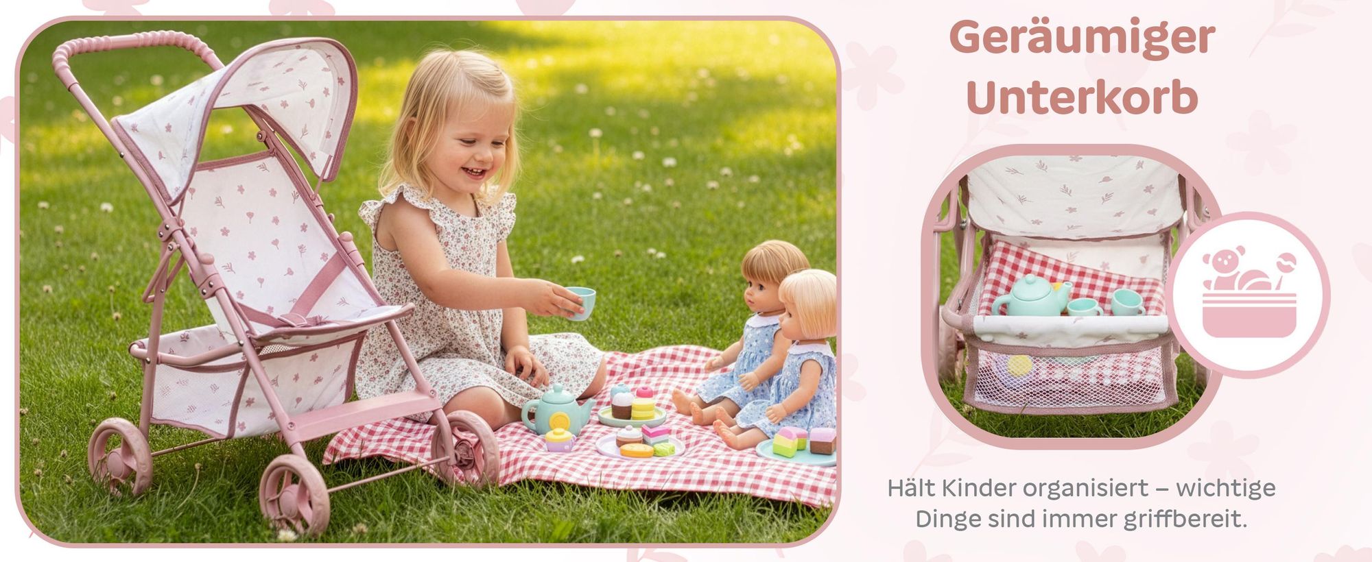 Puppenbuggy klappbar – leichter Puppenwagen mit EVA-Rädern und Zubehörkorb – Rollenspiel für Kinder ab 3 Jahren