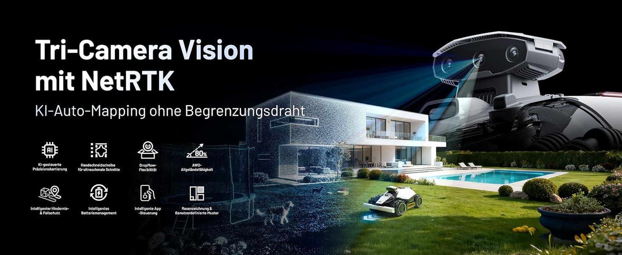 Mähroboter Mammotion LUBA Mini 2 AWD 1000 mit Garage, Waschständer, ohne Kabel, bis 1000 m², Randmähen, DropMow, Auto-Kartierung, 4G-Modul, APP
