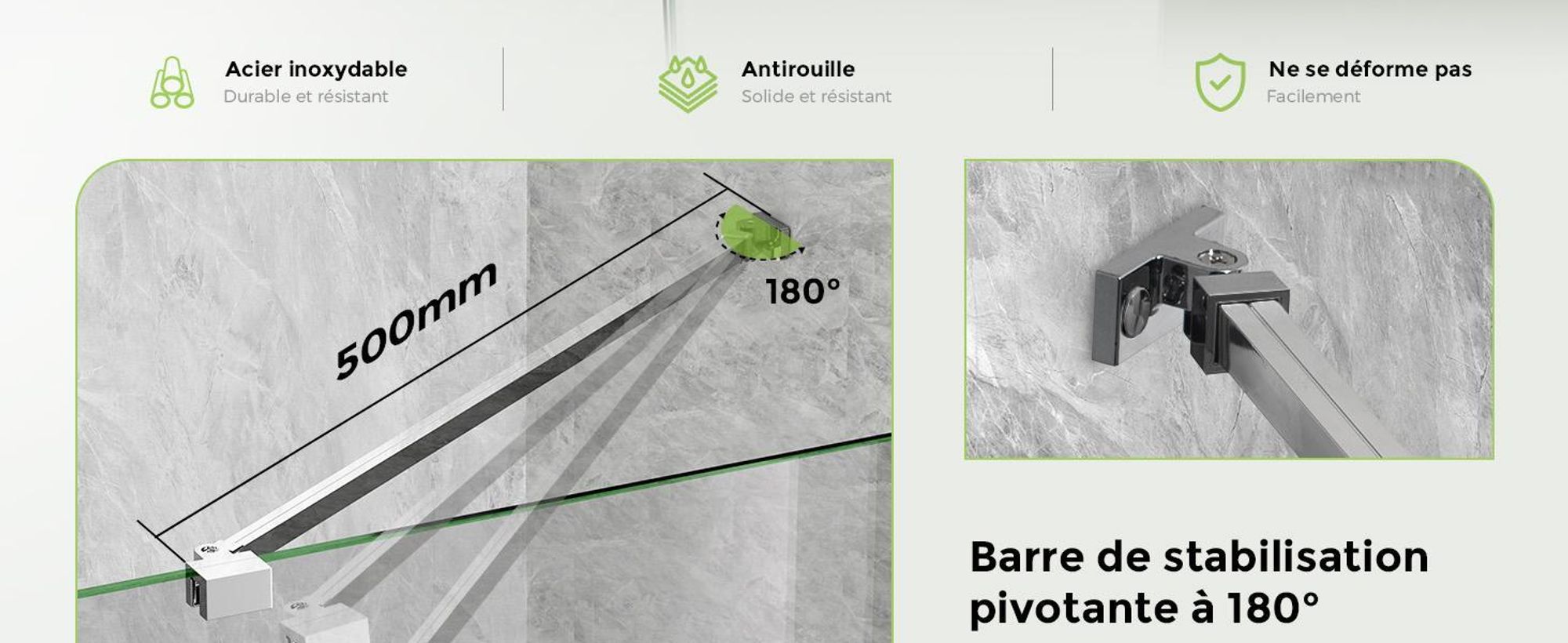S'AFIELINA Stabilisateur de cabine de douche Barre de stabilisation en alliage d'aluminium pour paroi de douche épaisseur de verre 5-6mm, support mural longueur de réglage 500mm ,2 pièces