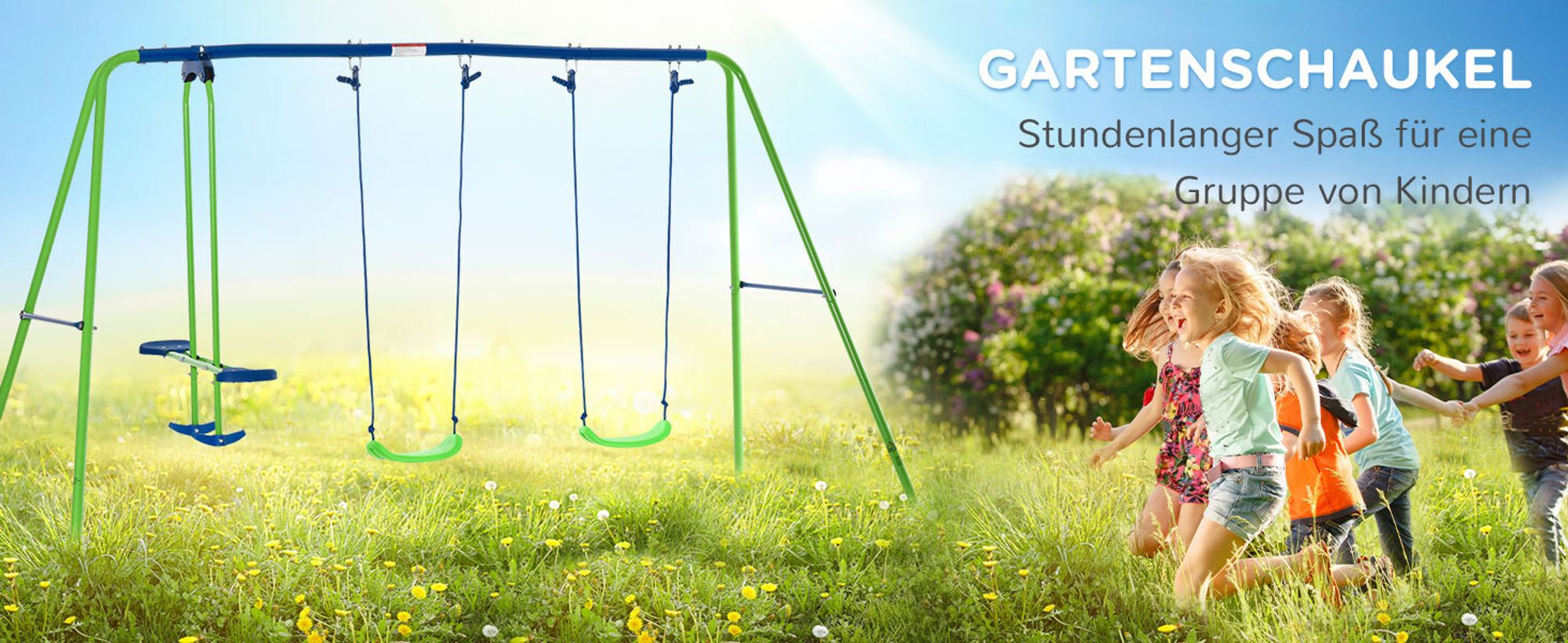 Outsunny Schaukelgestell, Outdoor-Schaukelgerüst mit 2 Schaukeln, 1 Wippe, Grün