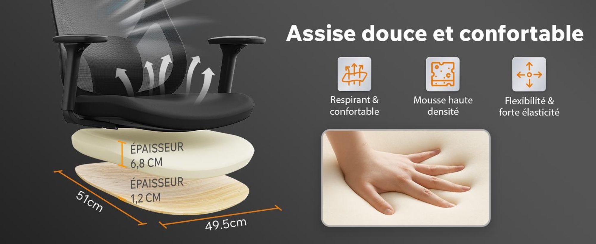 SENSE7 Moyo : chaise de bureau ergonomique, chaise de bureau noire, accoudoirs 3D, dossier en résille, soutien lombaire, fauteuil de direction, chaise de bureau pour le télétravail, charge maximale 150 kg