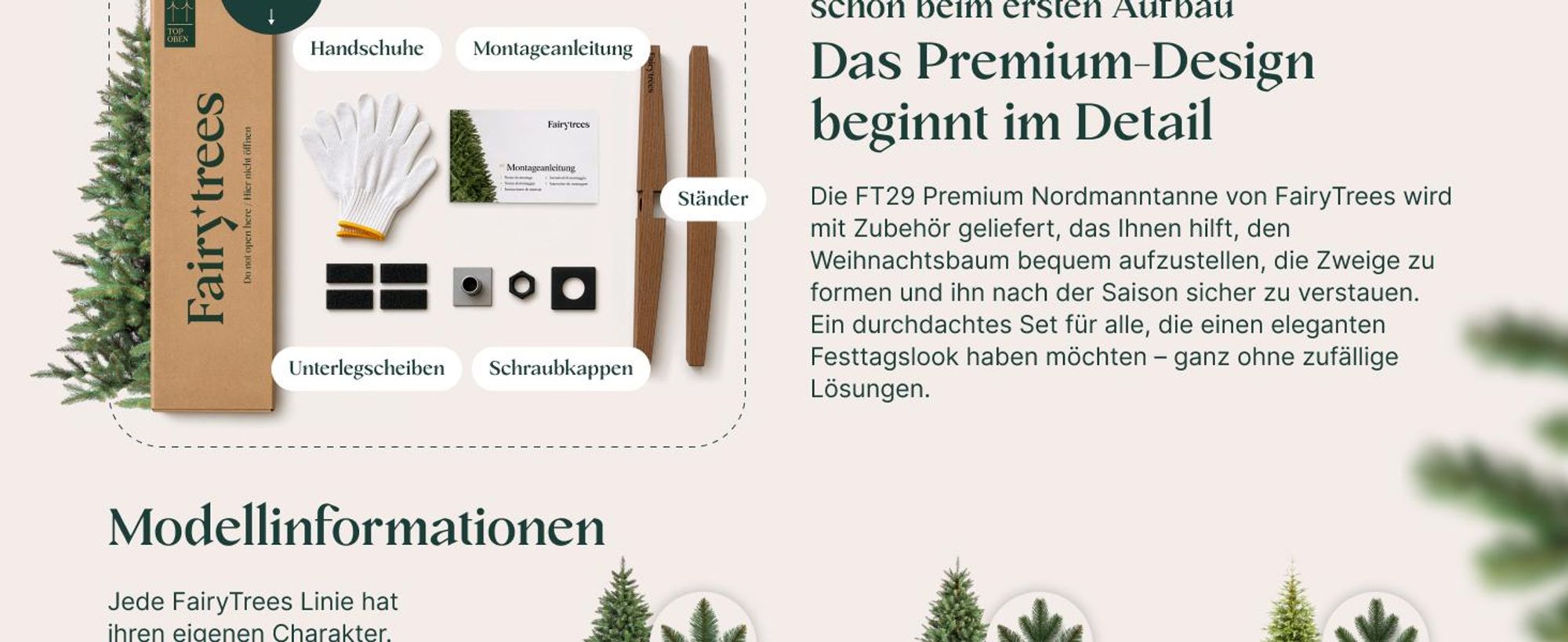 FAIRYTREES Weihnachtsbaum künstlich, Nordmanntanne Premium 150 cm, Naturgetreue Spritzguss Elemente,  EU, Künstlicher Weihnachtsbaum mit handgefertigtem Ständer aus Eschenholz
