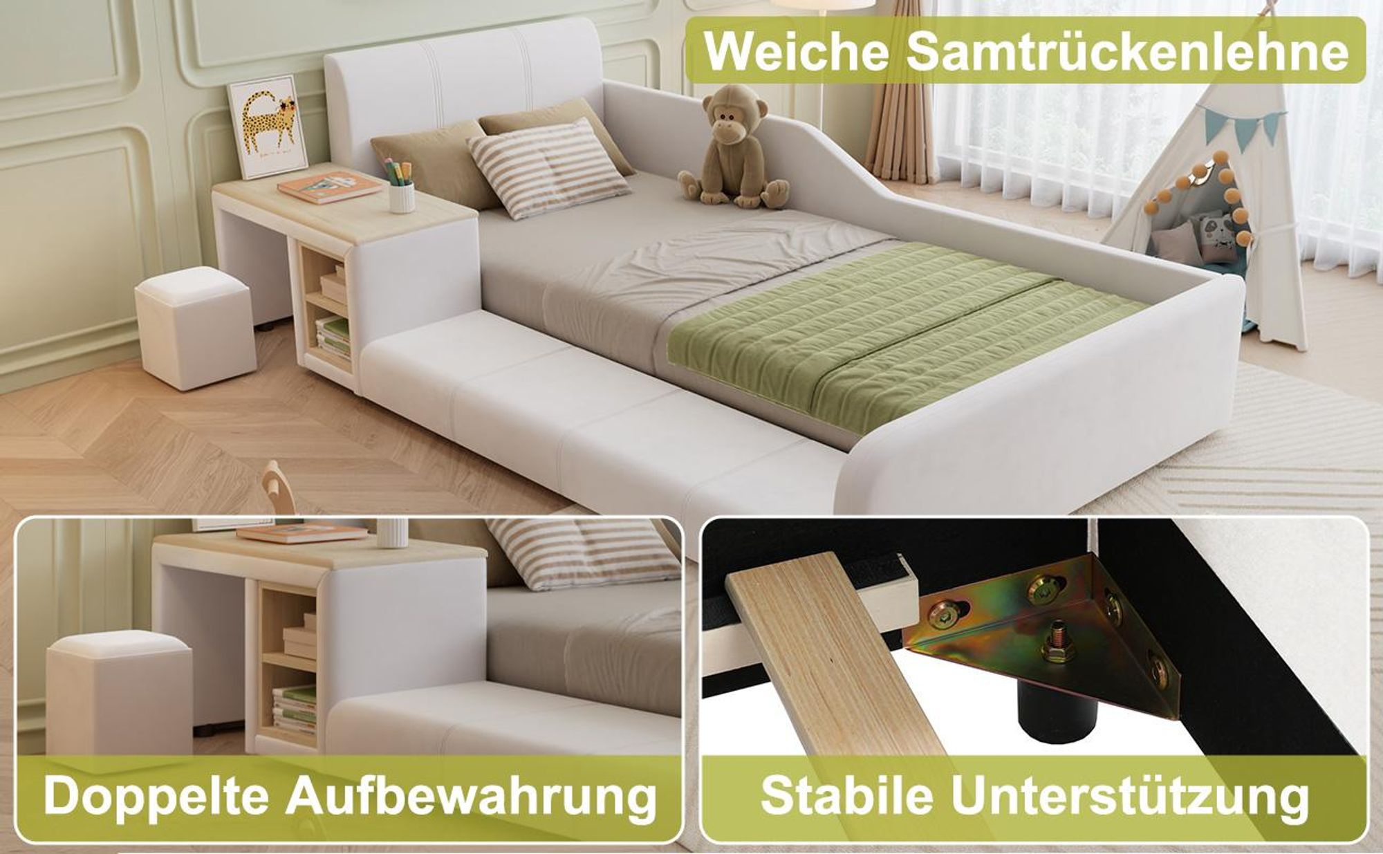 MODFU Kinder-Polsterbett 90x200 Einzelbett mit Lernschreibtisch,Jugendbett mit Hocker und Ablageboden,Kinderbett Bettgestell mit Holzlattenrost und weichem Kopfteil,ohne Matratze,Weiß