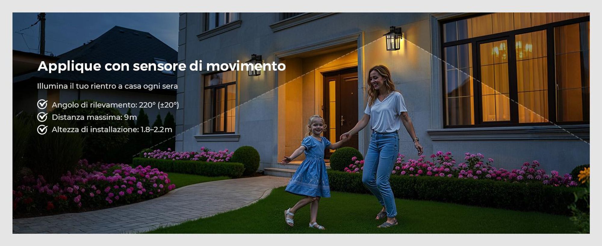 S'AFIELINA lampada da esterno con rilevatore di movimento, IP44, lampada da parete E27 per terrazza, parete di casa, luce esterna nera, 1 pezzo
