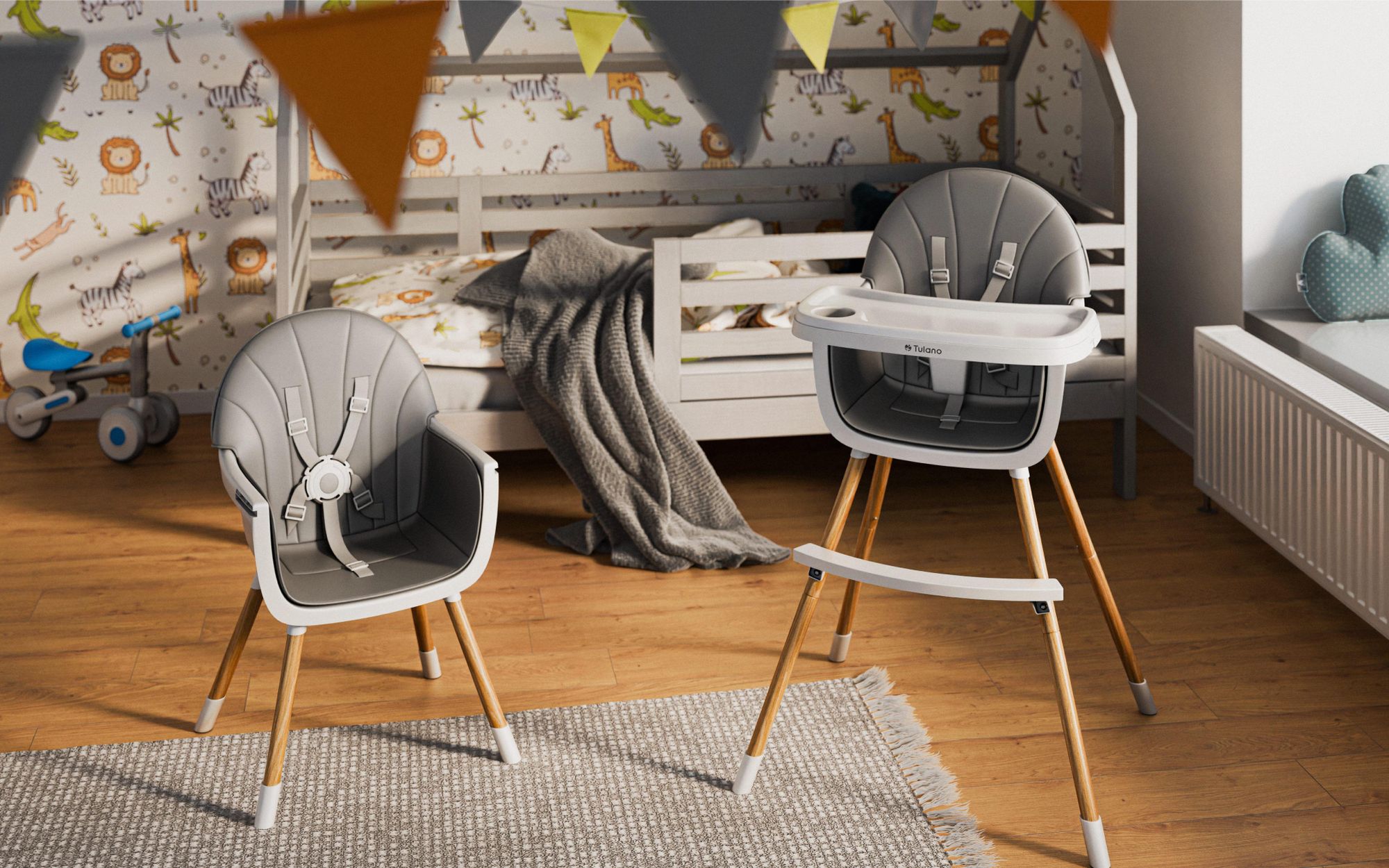 TULANO Morsel Grey | Kinderhochstuhl 2 in 1 Hochstuhl Babystuhl | Abnehmbare Tablett | 5-Punkt-Gurt | Fußstütze | ab 6 Monate bis 6 Jahre | Grau