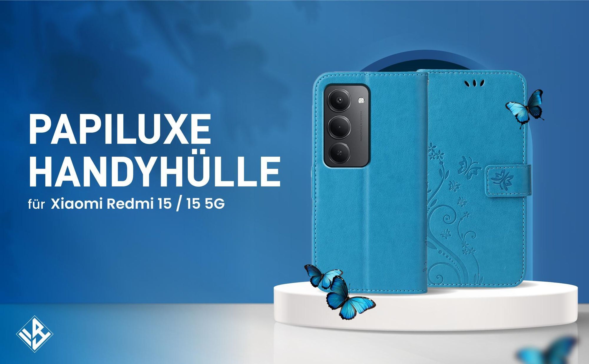 Blaue Klapphülle im Schmetterling Design für Xiaomi Redmi 15 / 15 5G mit Wallet-Funktion