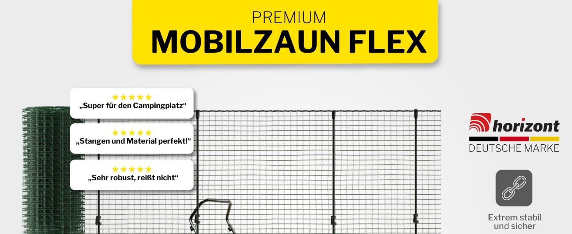 horizont Begrenzungszaun FLEX, 15 m lang & 90 cm hoch, engmaschig, mobiler Spezialzaun mit 9 separaten Pfählen aus Fiberglas, Gartennetz, Hundezaun, Absperrzaun, für Camping
