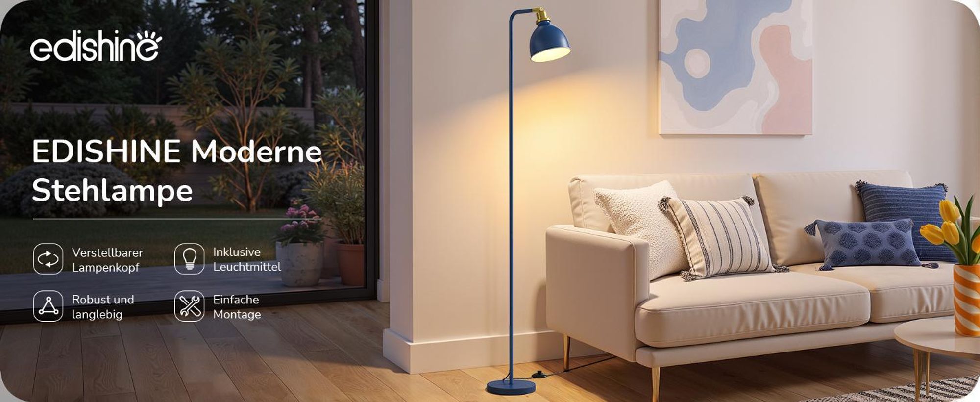 EDISHINE Stehlampe Industriell, Verstellbarer Kopf, Inkl. LED, Marineblau mit Metall-Lampenschirm, E27-Fassung, 2700 K Warmweiß, Leselampe