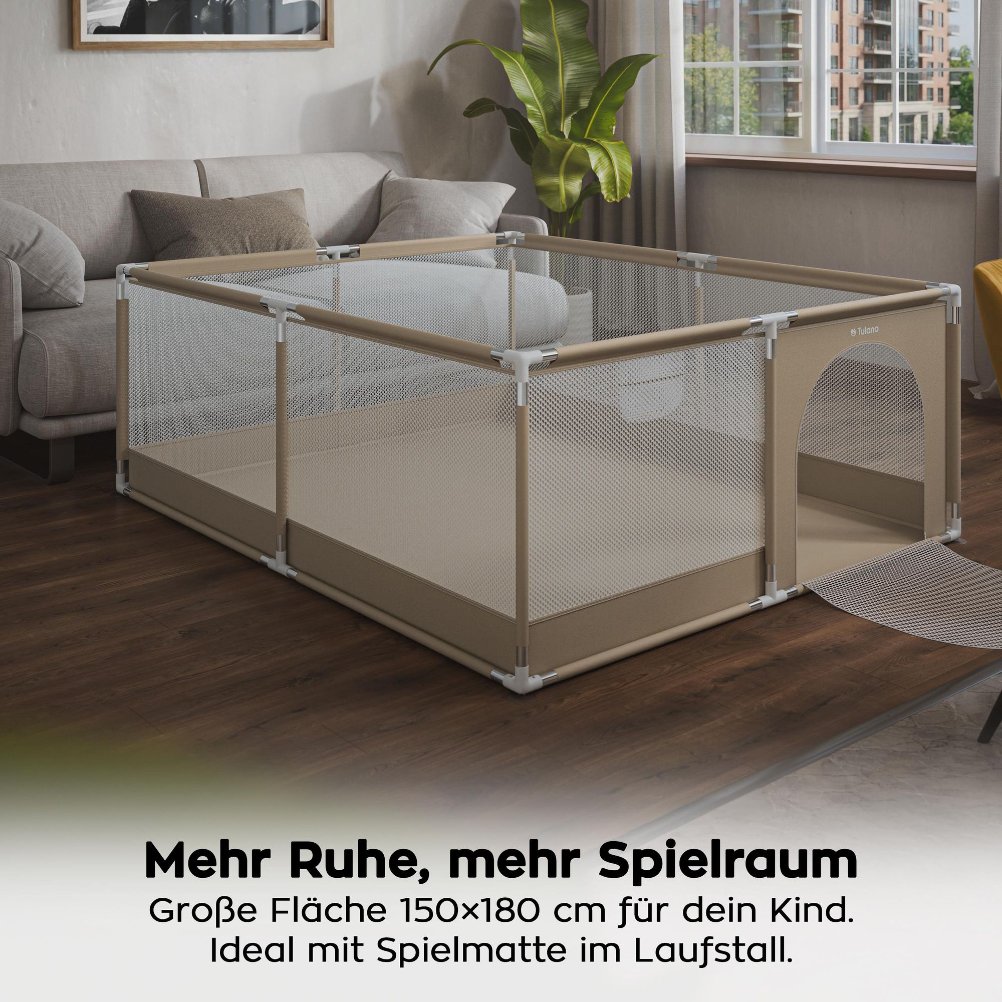 Baby Laufstall, Laufgitter Baby 150x180 cm Krabbelgitter für Kleinkinder baby mit Atmungsaktivem Netz von 6 bis 36 Monaten Rutschfeste Füße Tasche
