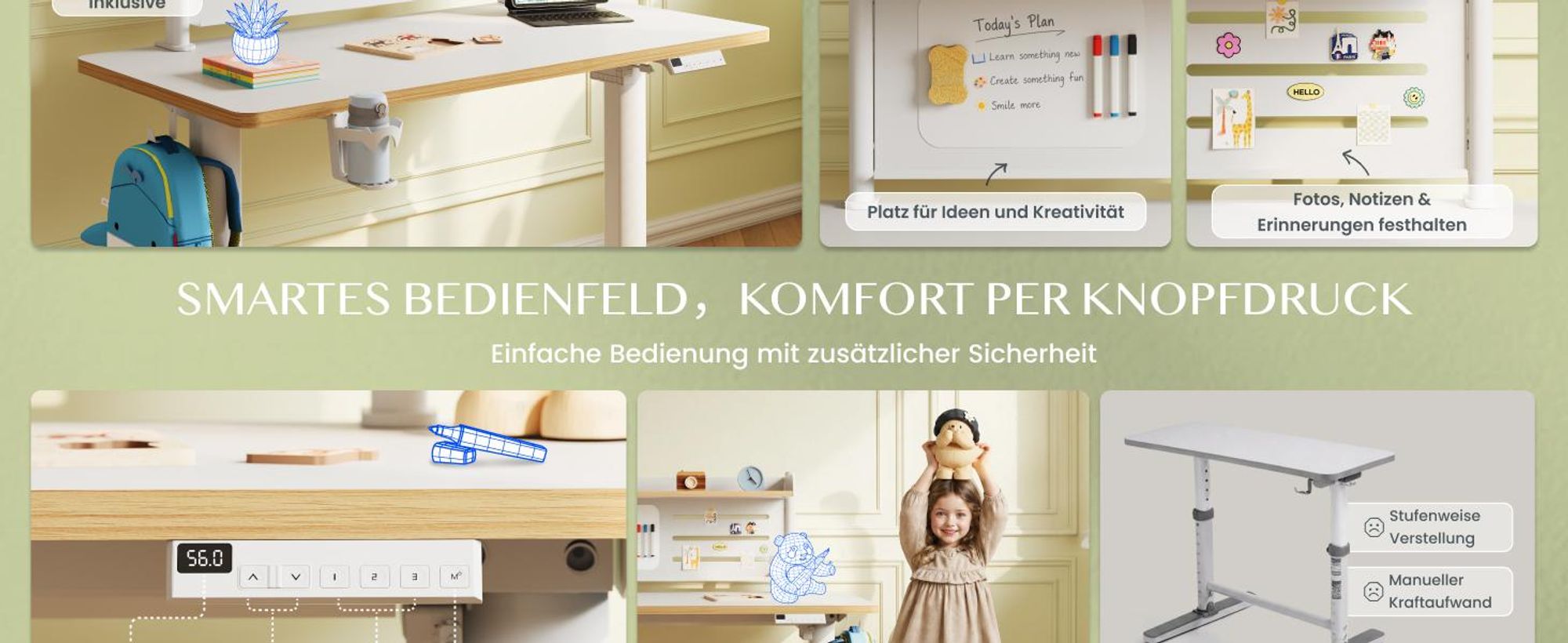 FLEXISPOT Kinderschreibtisch mit Kinderstuhl, elektrisch höhenverstellbar, mit LED-Anzeige, 3 Speicherhöhen, magnetischem Whiteboard, 110×52 cm