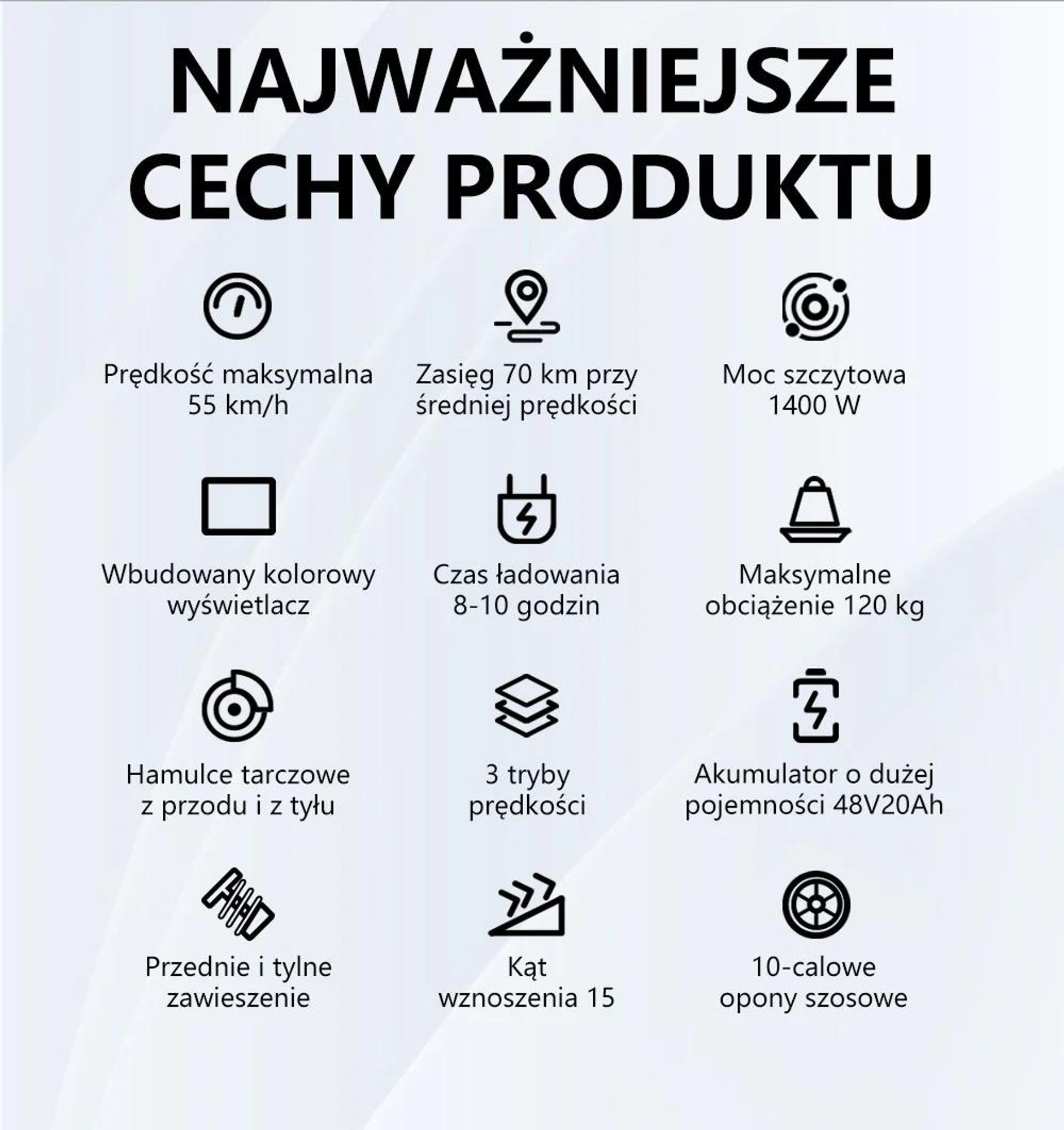 Hulajnoga Elektryczna OOTD S10 - silnik 1400W Bateria 48V20AH Opony 10" Hamulec Tarczowy - Czarna