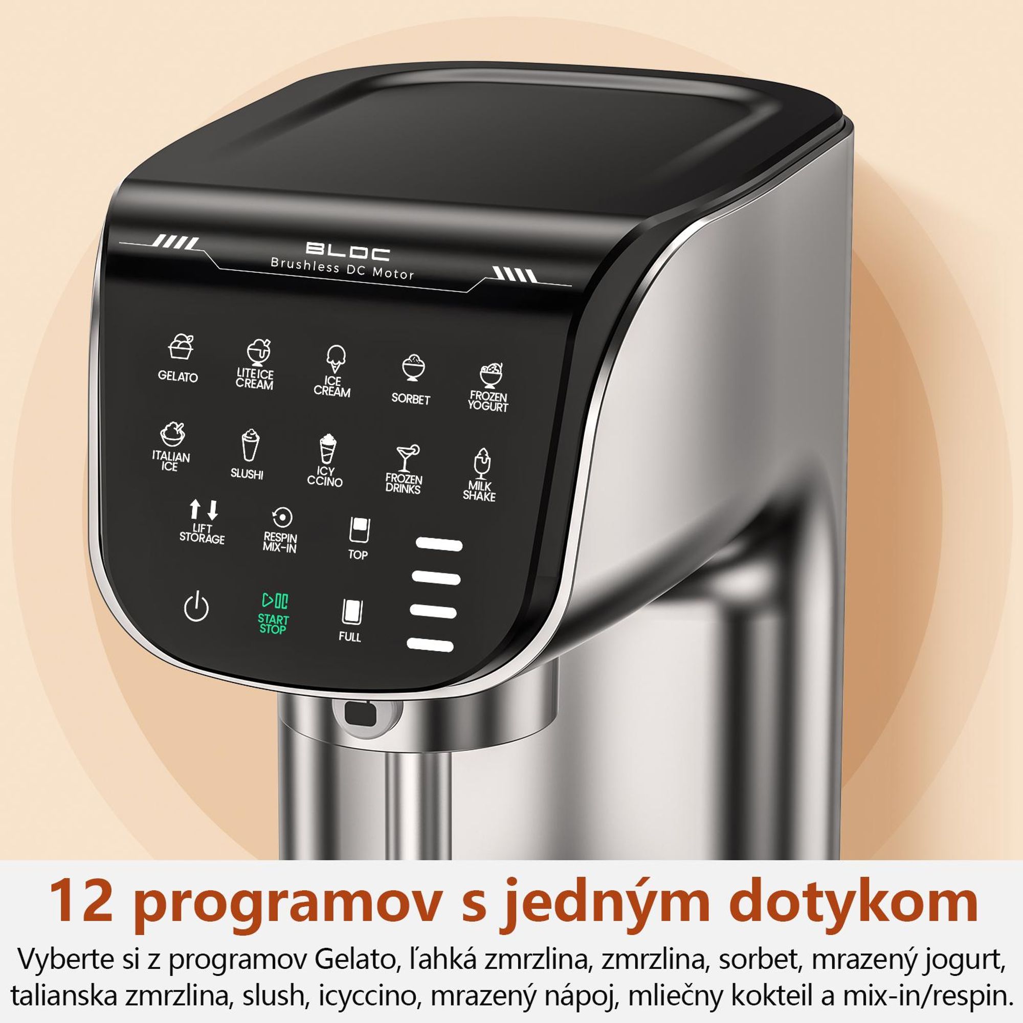 Výrobník zmrzliny IcyTreat IC-1010 EU – CE – Plne automatický, kryt z nehrdzavejúcej ocele – Vybavený 3 nádobami a 12 programami – Strieb