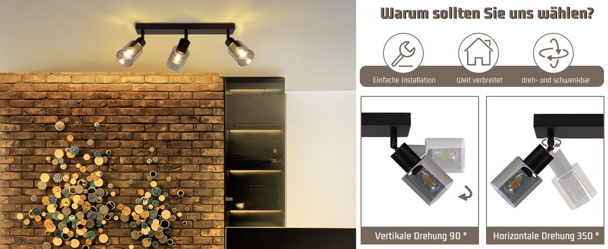 ZMH Deckenstrahler 3 flammig E14 Deckenlampe Vintage Deckenleuchte Schwarz 350° Schwenkbar Küchenlampe Metall Deckenspots Glas Spotleuchte Wand für Wohnzimmer Flur Küche Ohne Leuchtmittel