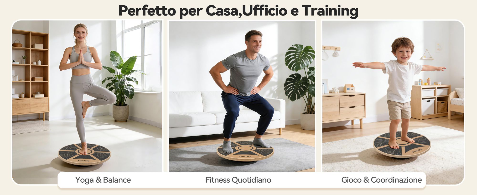 FunLife Balance Board rotonda in legno di betulla TERRA – Attrezzo per l'allenamento dell'equilibrio a 360° e del core, antiscivolo e resistente, Core Disc fino a 100 kg