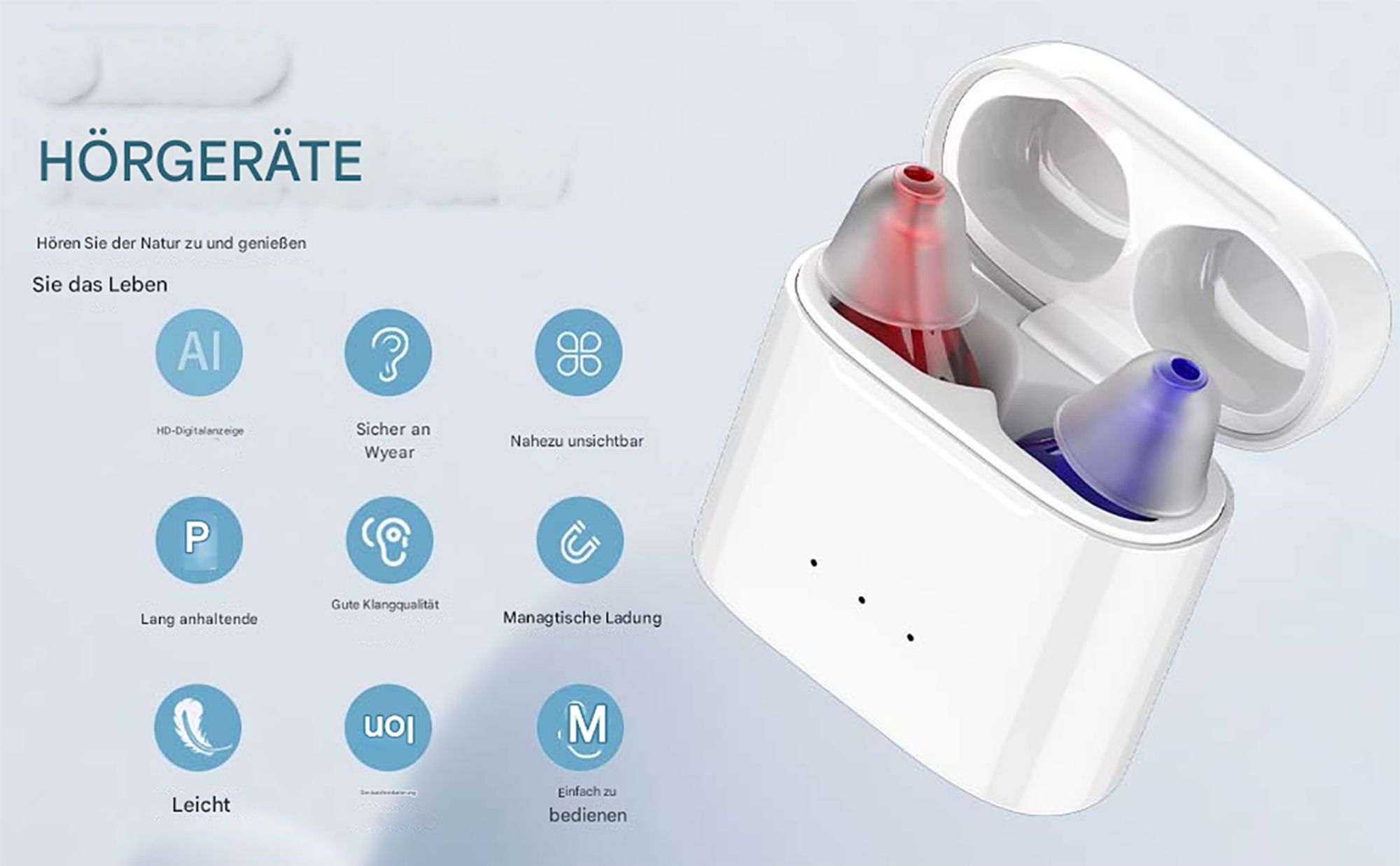 Hörgeräte, kabelloser wiederaufladbarer Hörverstärker, Hörgeräte mit magnetischem Ladeetui, 2-Kanal-Digital-In-Ear-Hörgeräte mit Geräuschunterdrückung