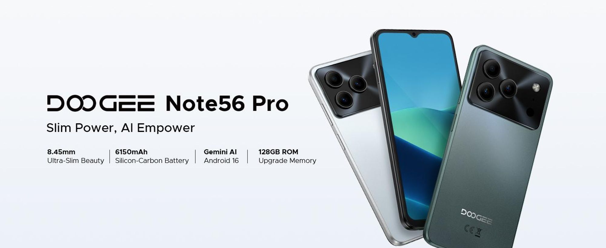 DOOGEE Note56 Pro – chytrý telefon, Android 16, 6,56" displej s obnovovací frekvencí 90 Hz, baterie 6150 mAh, 32 GB RAM + 128 GB interní paměti, 4G, podpora dvou SIM karet, 13MP fotoaparát, NFC, čtečka otisků prstů, rozpoznávání obličeje