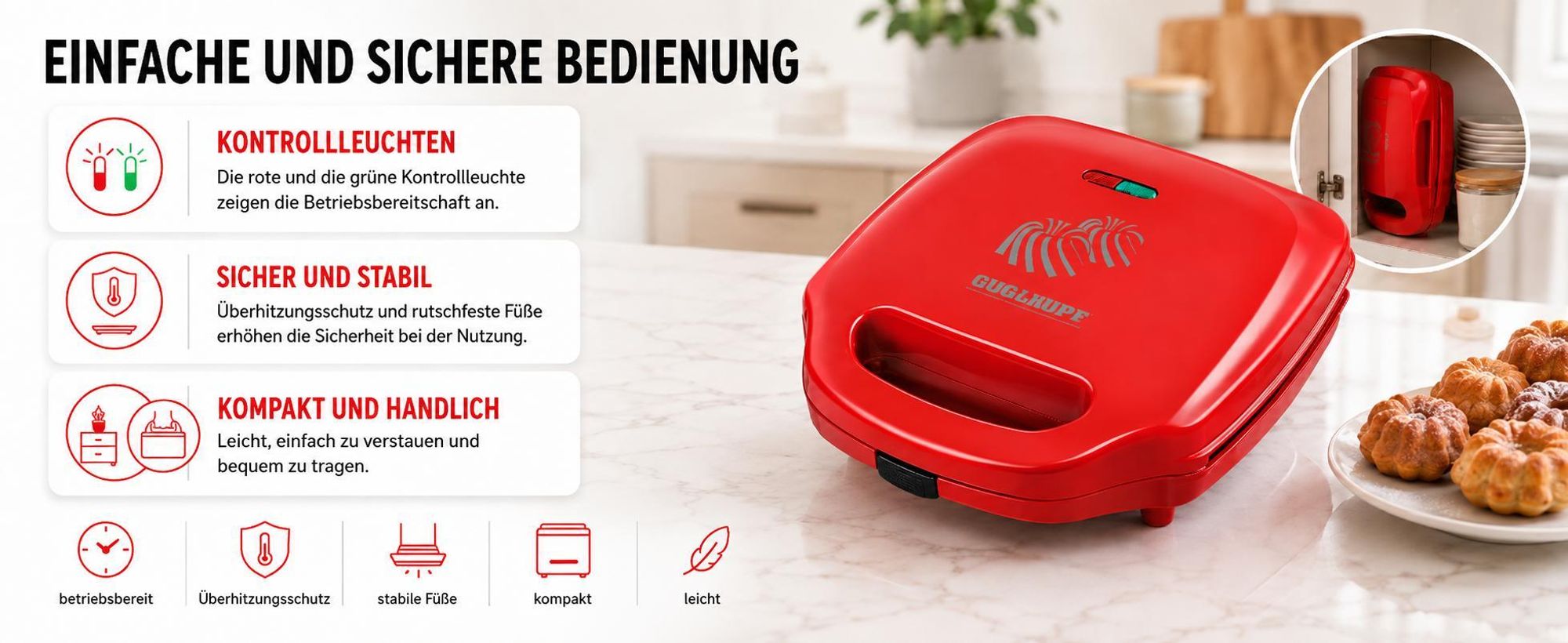 Kalorik Guglhupfbäcker Traditionsformen, 3 Formen für leckere Törtchen, 900 W, Rot, TKG CKM 1007 RD