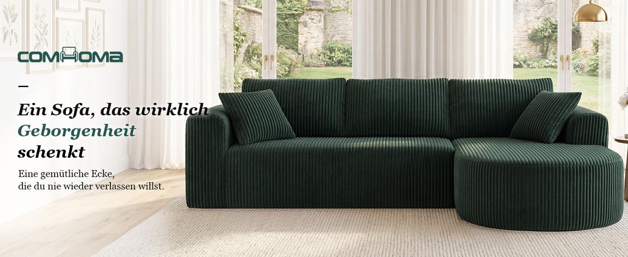 COMHOMA Ecksofa mit Schlaffunktion, 263cm Corduroy Modulares Boneless Couch mit Chaiselongue, L-Form Schlafsofa, Sektionssofas mit Kissen & Seitentasc