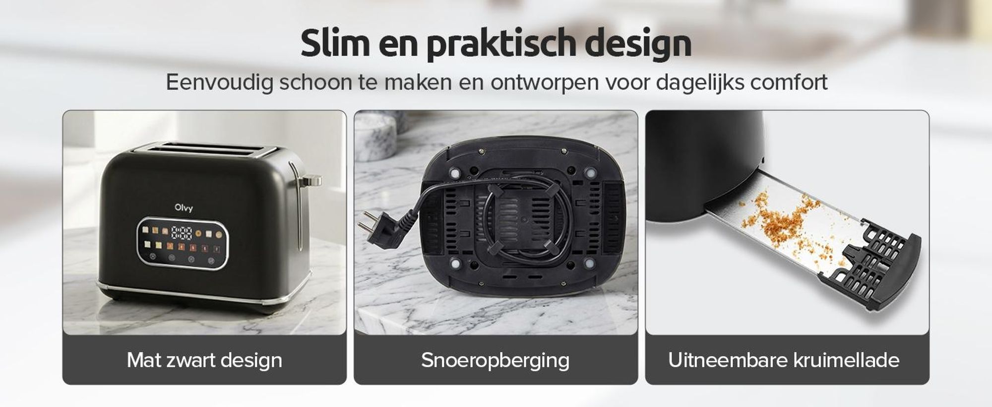 Olvy Broodrooster, met touchscreen en timer, 7 bruiningsstanden, extra brede gleuven, 6 programma's inclusief bagel- en wafelstand, ontdooifunctie en opwarmfunctie, zwart