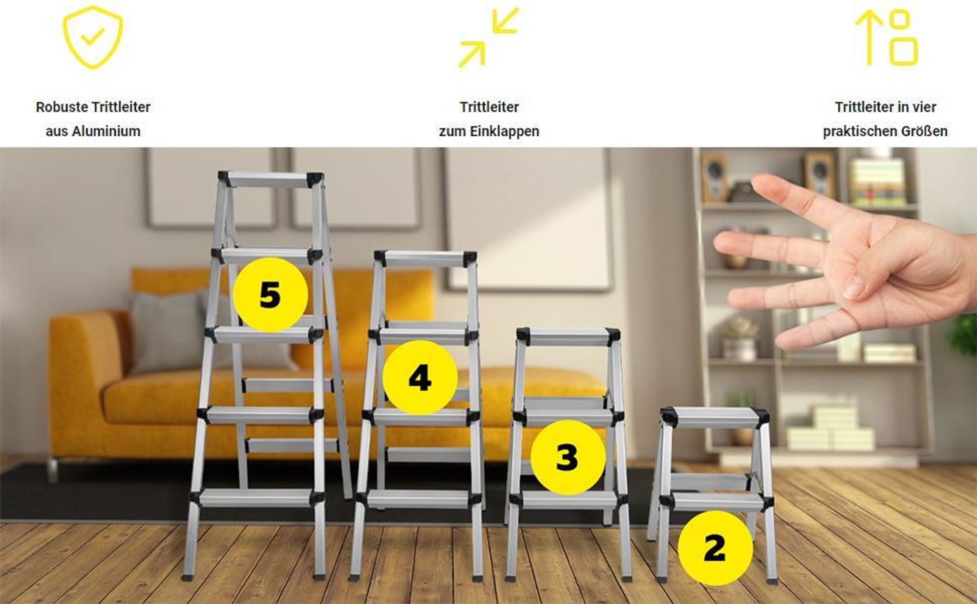 Craftfull Doppel-Klapptritt CF-131A | Aluminium-Trittleiter - Anti-Rutsch - Leiter - Klappbar - Sicherheitsbügel - 150 kg - 2-5 Stufen (2 x 4 Stufen)