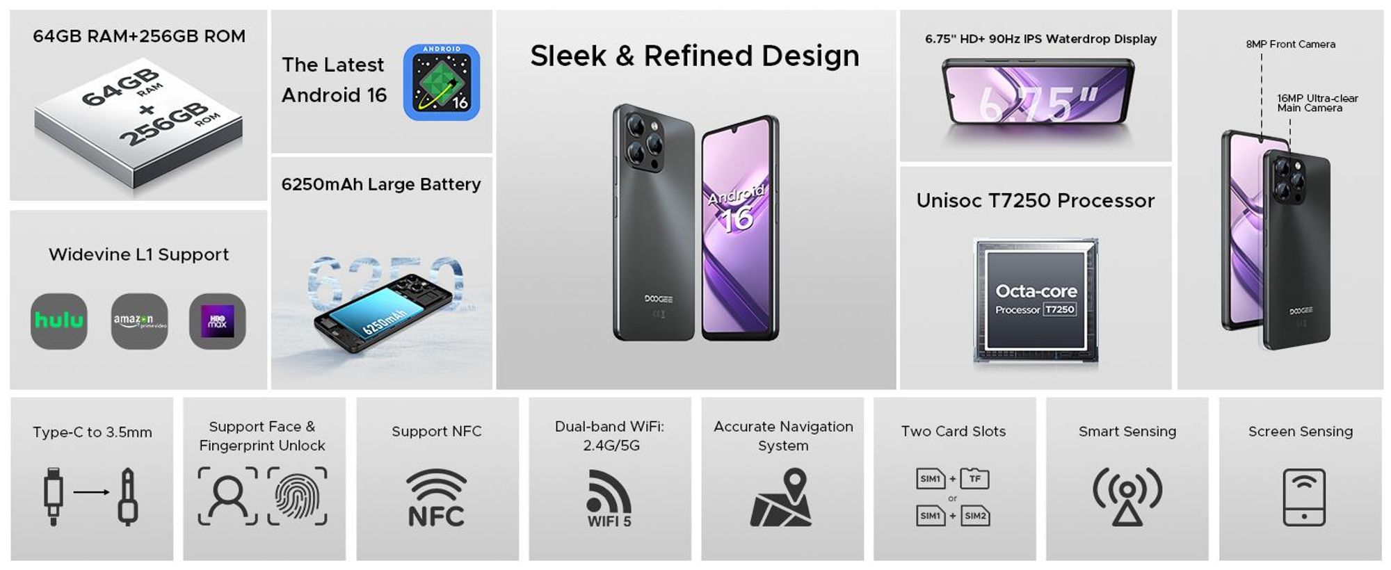DOOGEE Note58 Pro, smartphone, Android 16, 6,75" displej s obnovovací frekvencí 90 Hz, baterie 6250 mAh, 64 GB RAM + 256 GB interní paměť, 4G, 16MP fotoaparát, NFC, čtečka otisků prstů, bez smlouvy