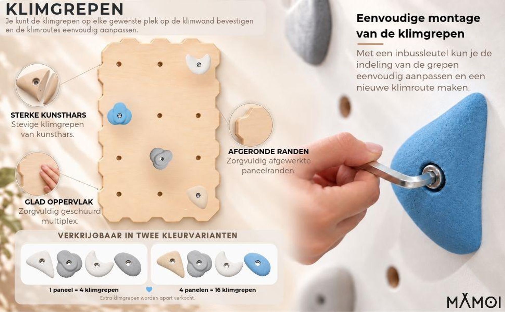 MAMOI® Houten klimmuur voor binnenshuis met 16 klimgrepen | Klimset met panelen en grepen | Meerdere lagen hout | 100% milieuvriendelijk